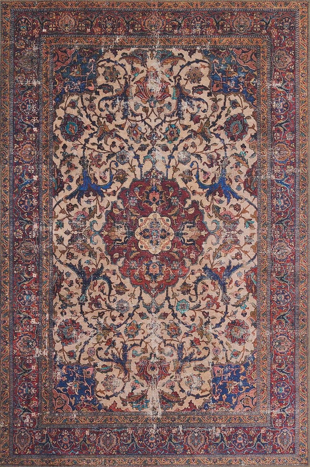 Sand and Multicolor Floral Hand-Knotted Synthetic Area Rug