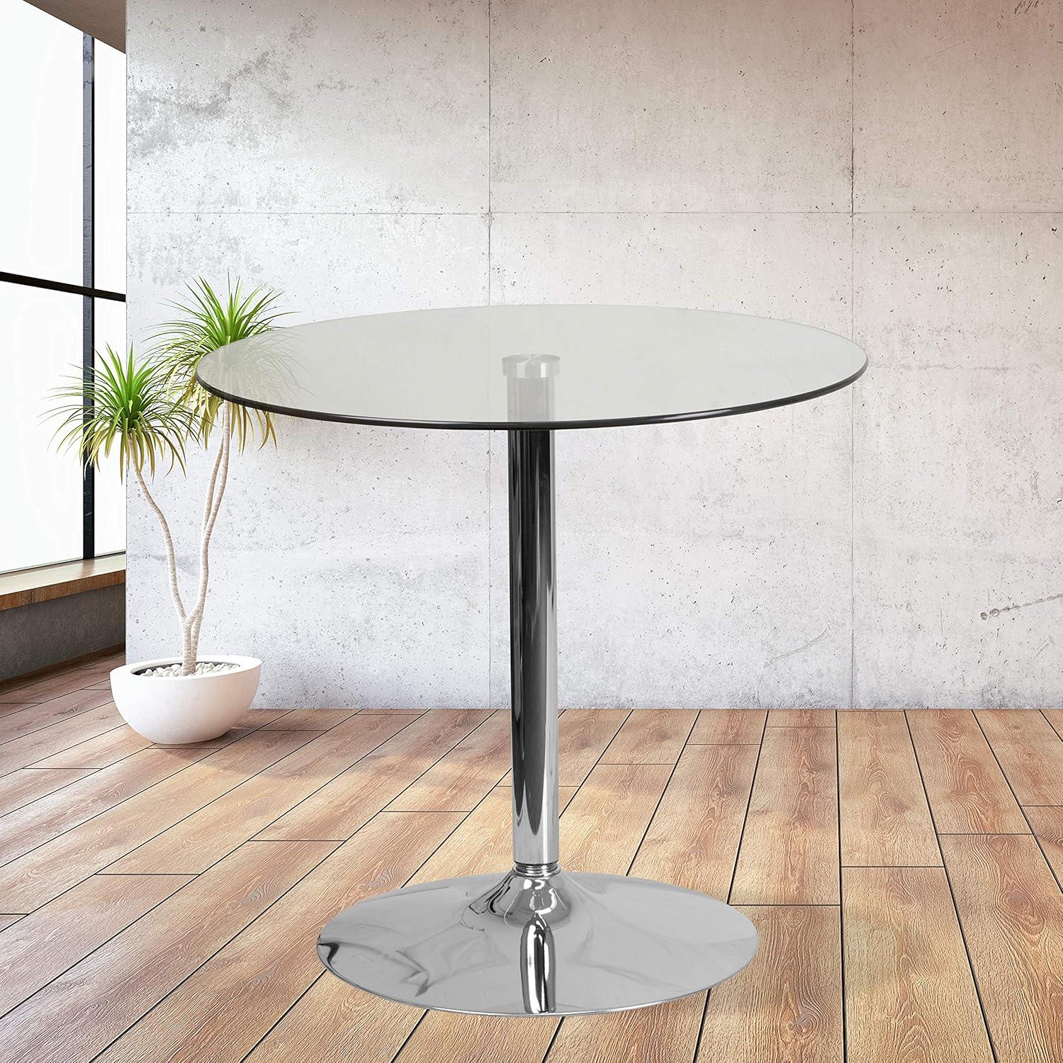 Flash Furniture Hills 31.5'' Round Tempered Glass Dining Table with 29''H Chrome Base, Clear/Silver