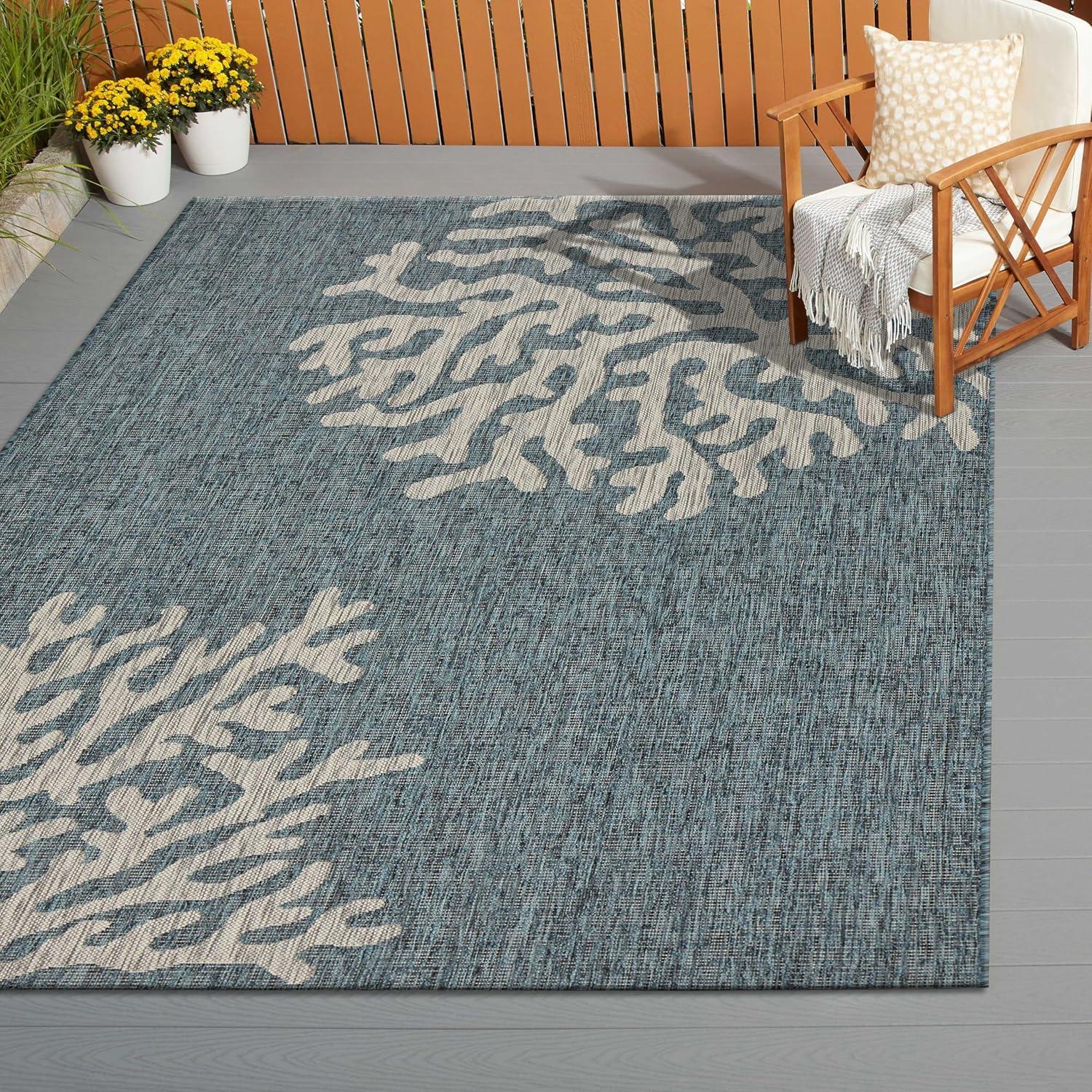 Blue and Gray Coastal Coral Reef 5' x 7' Indoor/Outdoor Rug