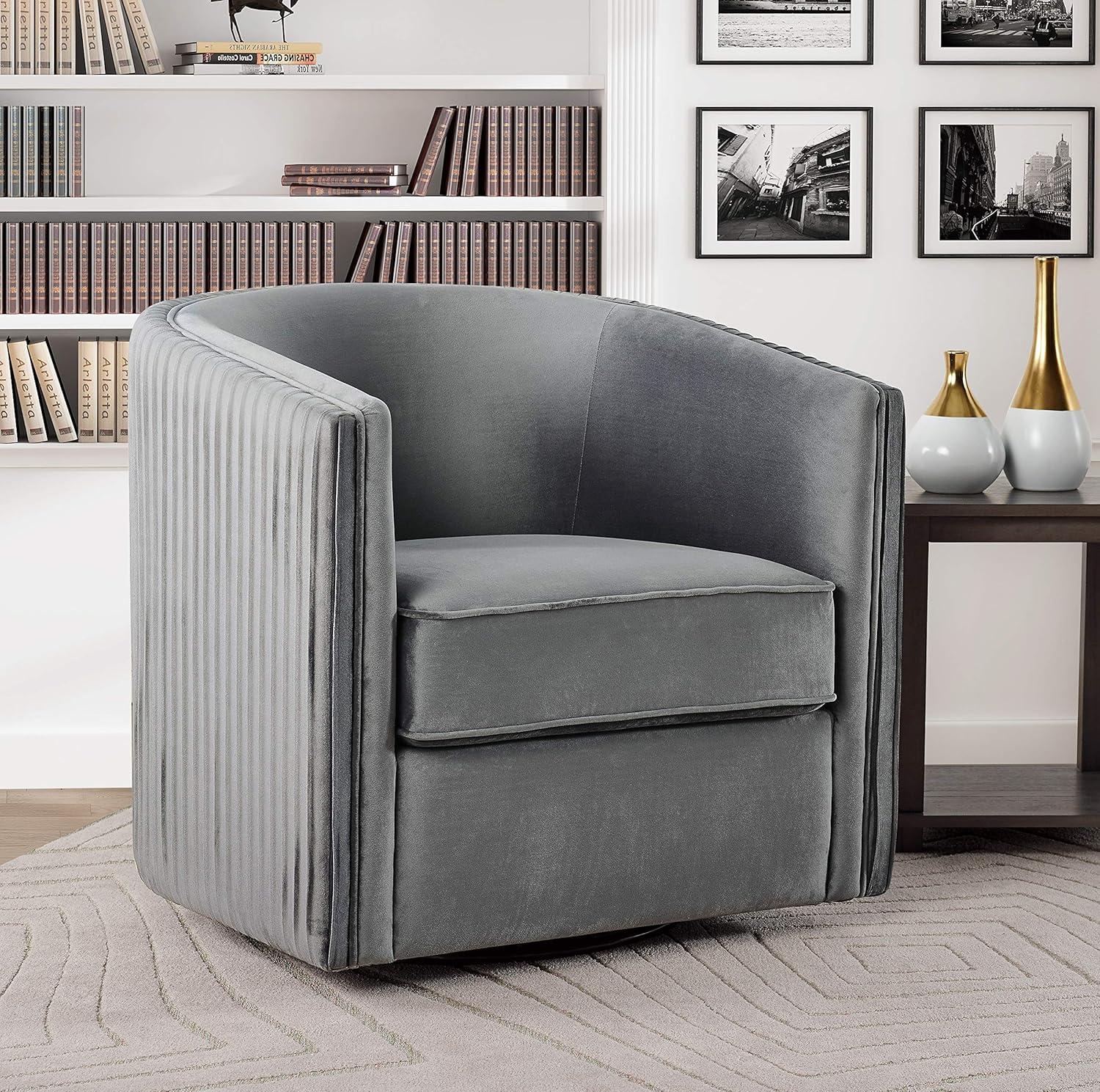 Gray Velvet Barrel Swivel Accent Chair with Metal Frame