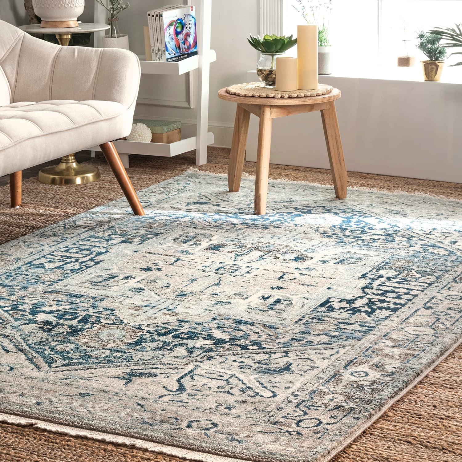 Edessa Dark Blue Medallion Fringe 5' x 7' Synthetic Area Rug