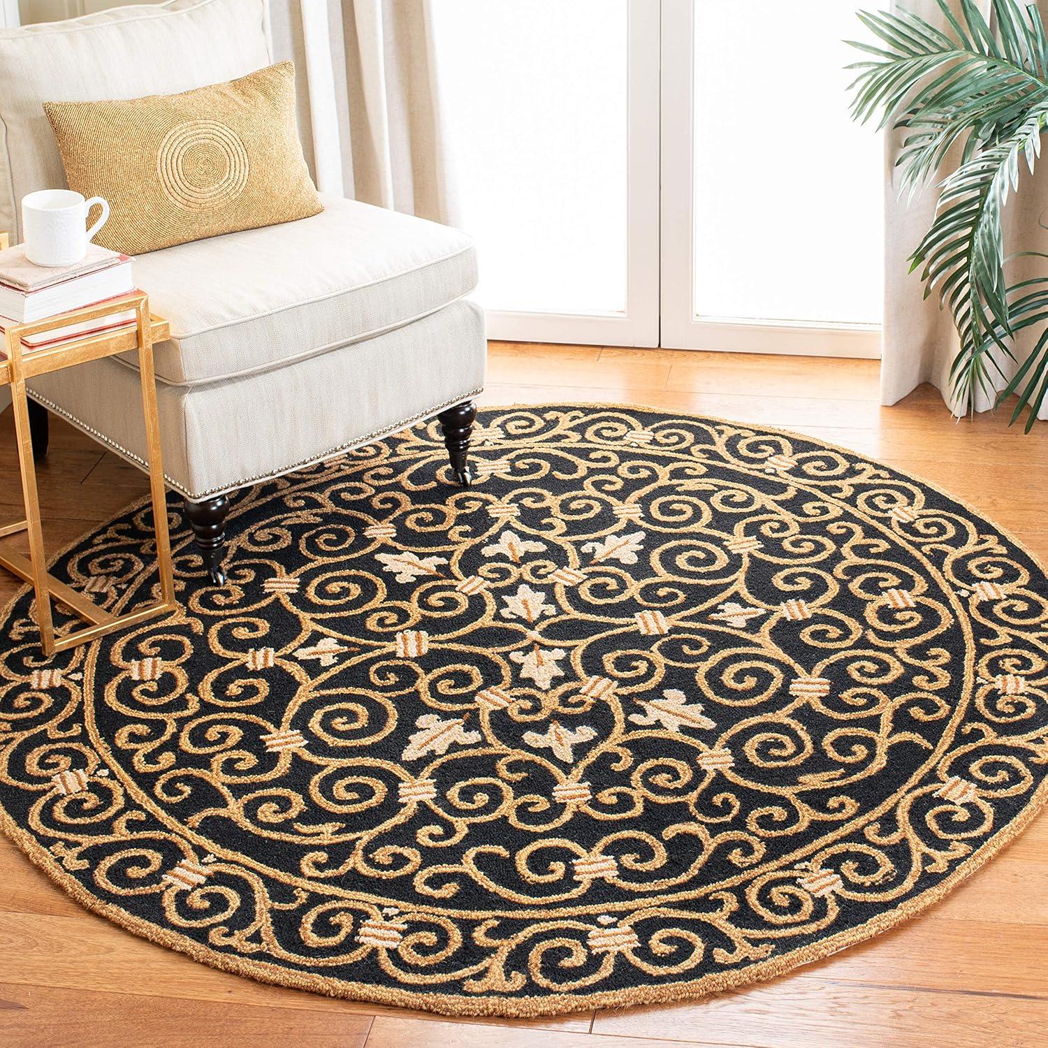 SAFAVIEH Chelsea Aragon Geometric Borders Wool Area Rug, Ivory/Dark Blue, 3' x 3' Round