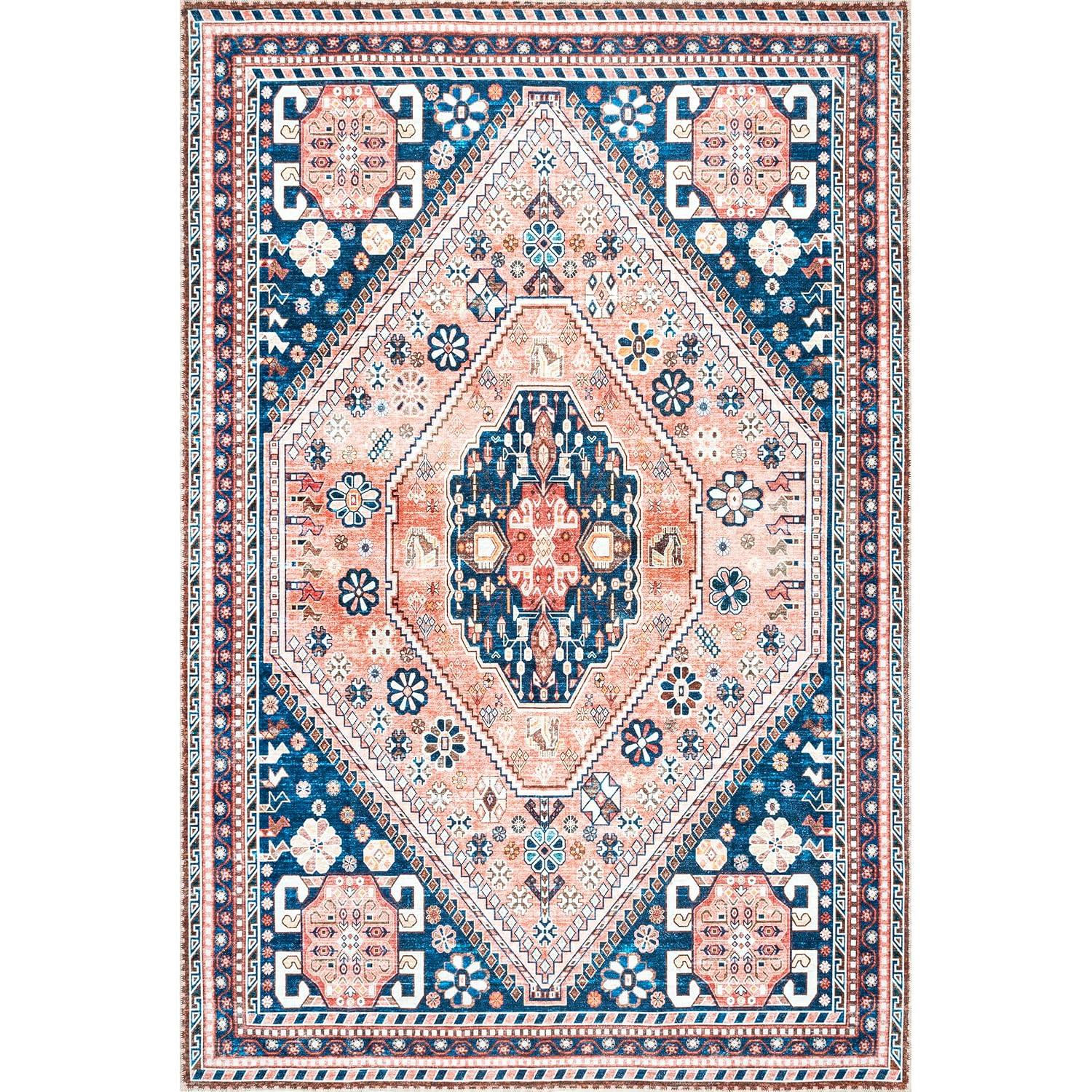 Nuloom Nevaeh Pet Friendly Machine Washable Bohemian Medallion Area Rug, 6' x 9', Dark Blue