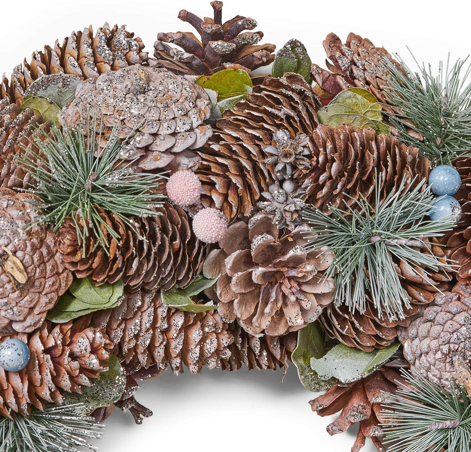 Christopher Knight Home Modern 18.5" Pine Cone and Glitter Artificial Christmas Wreath, Natural and White by