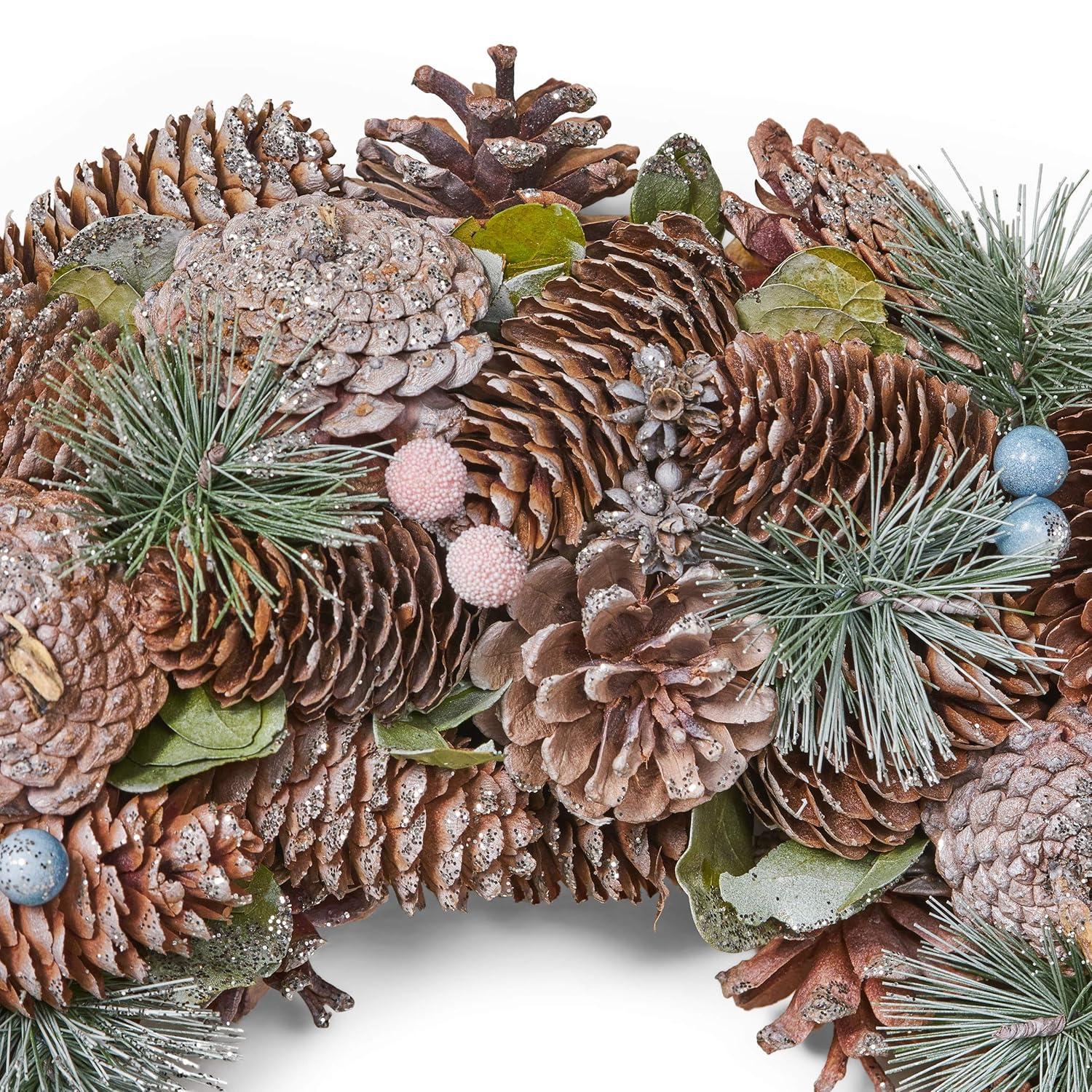 Christopher Knight Home Modern 18.5" Pine Cone and Glitter Artificial Christmas Wreath, Natural and White by