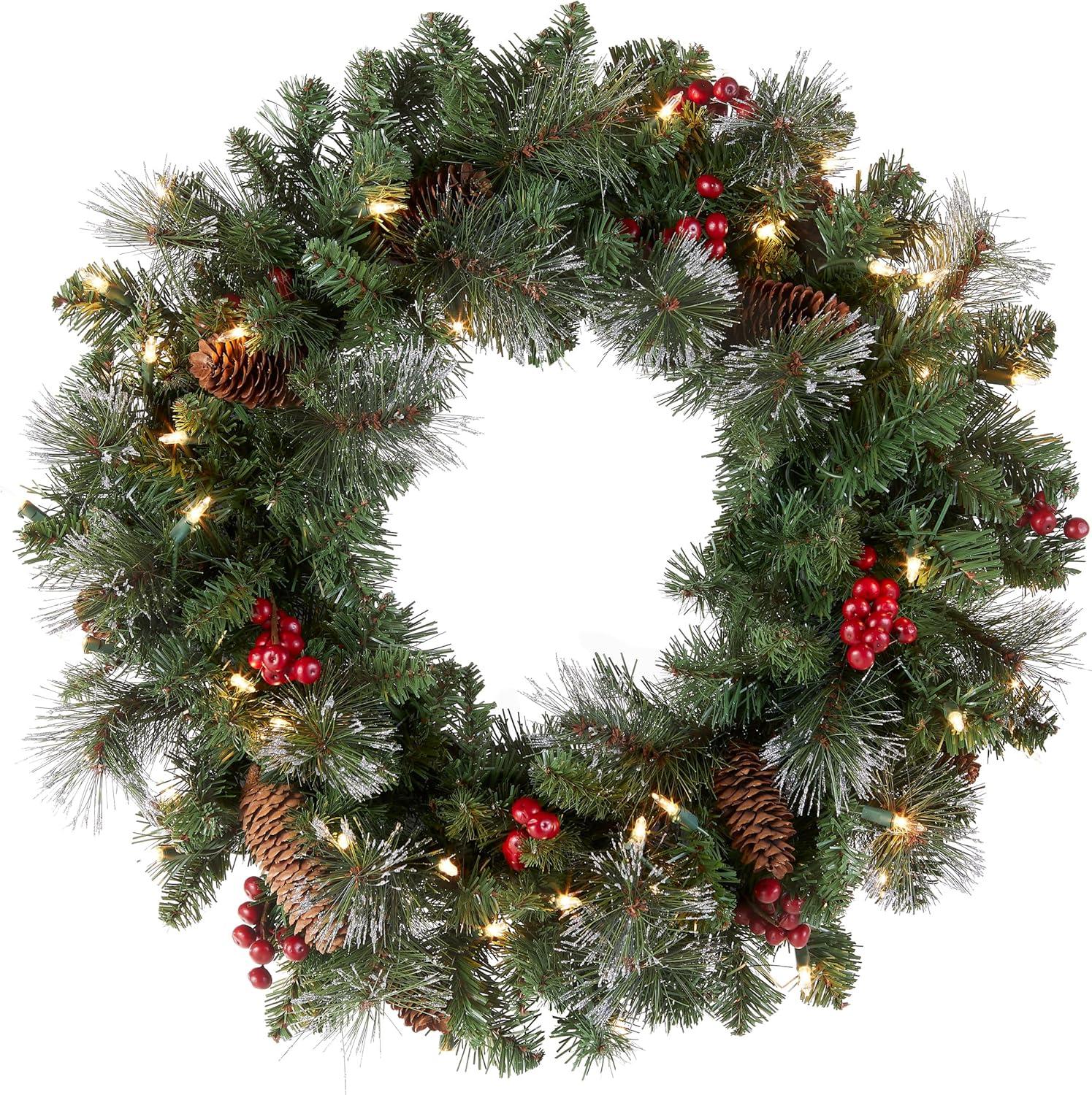 24" Prelit Crestwood Spruce Christmas Wreath with Pine Cones and Berries