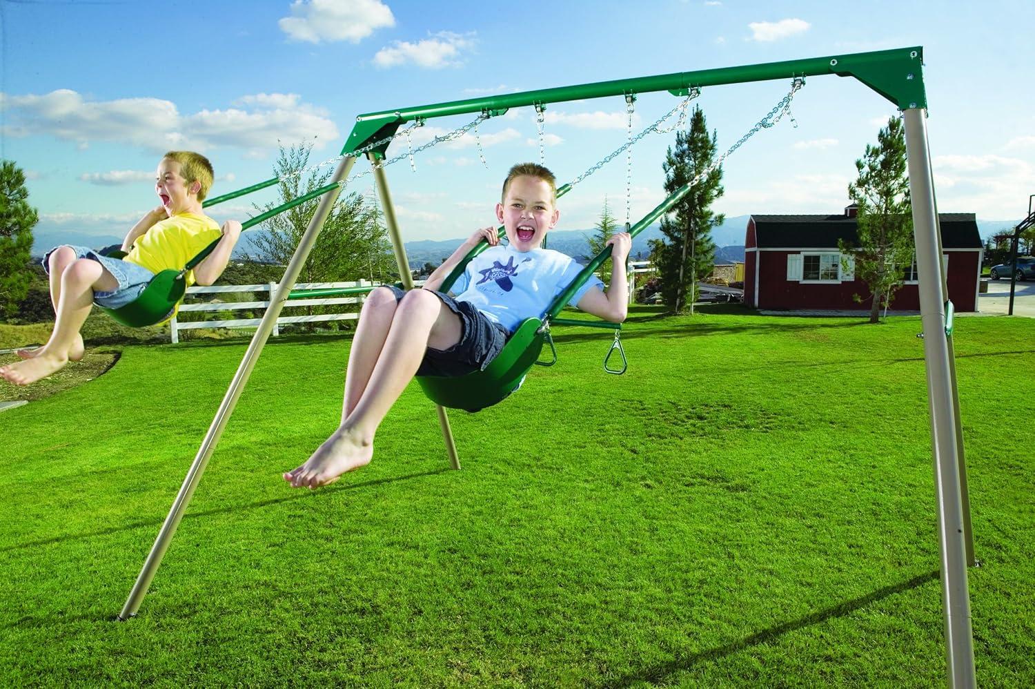 Heavy Duty Green and Silver Metal Swing Set with Trapeze