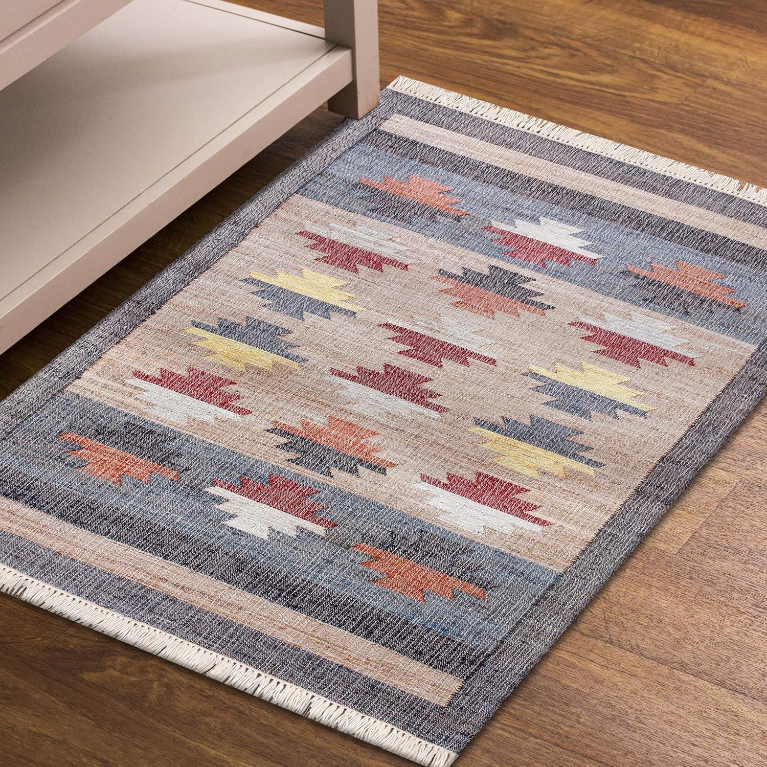 Blue Rectangular Flat Woven Cotton Synthetic Area Rug 2' x 3'