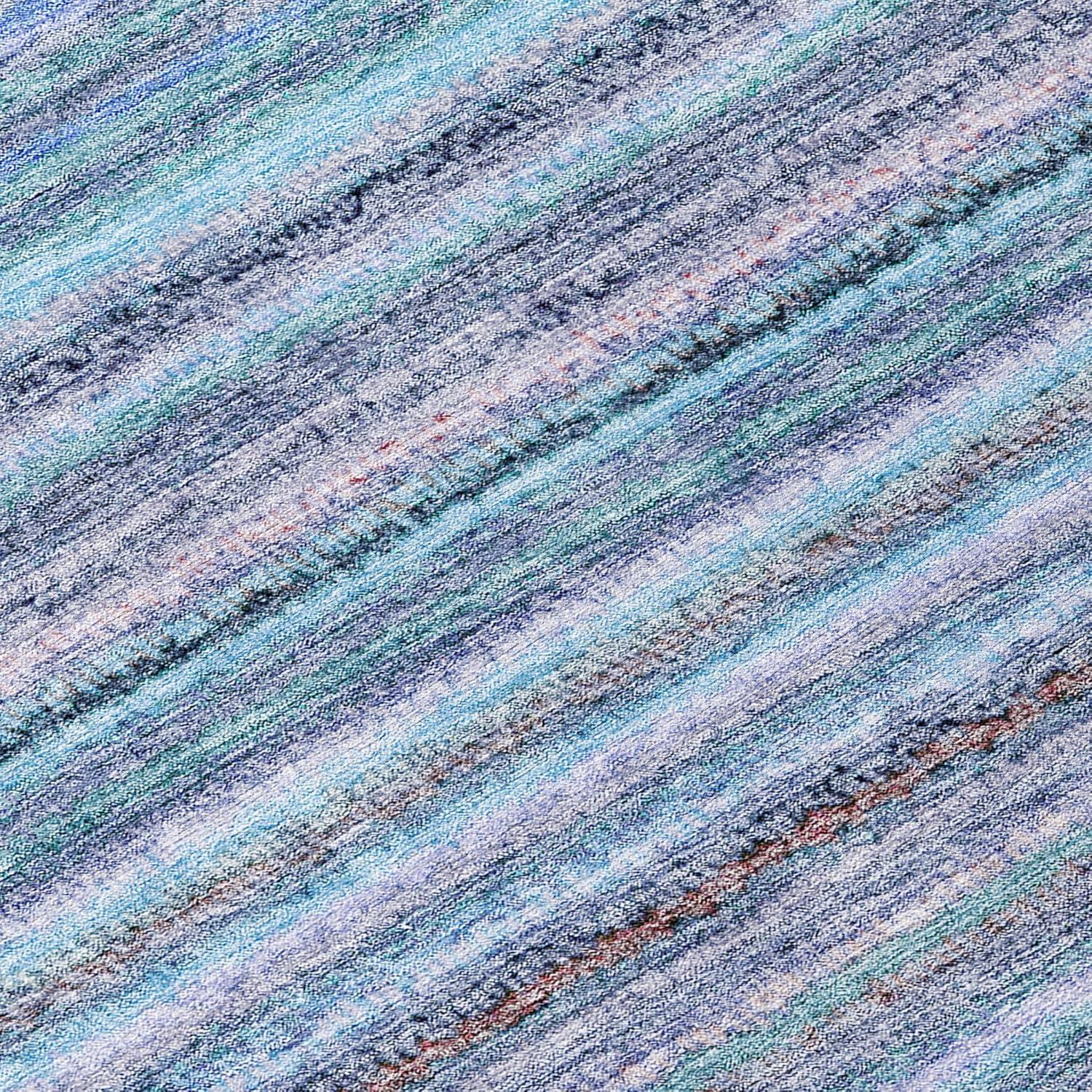 Sky Blue Striped Synthetic Washable Reversible Rug 3' x 5'