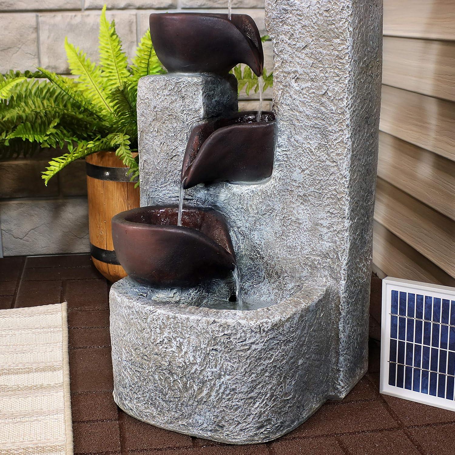Sunnydaze Outdoor Polyresin Solar Powered Aged Tiered Vessels Water Fountain with Battery Backup - 29"