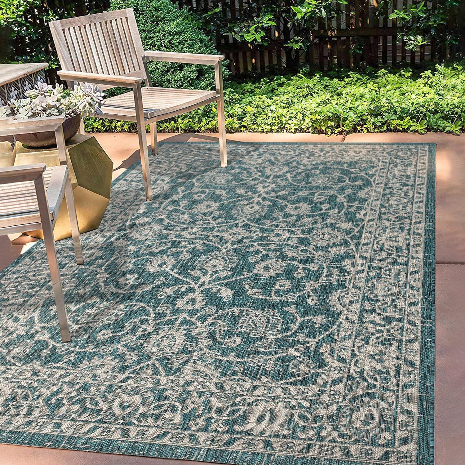 4'x6' Palazzo Vine and Border Textured Weave Indoor/Outdoor Area Rug, Teal/Gray - JONATHAN Y