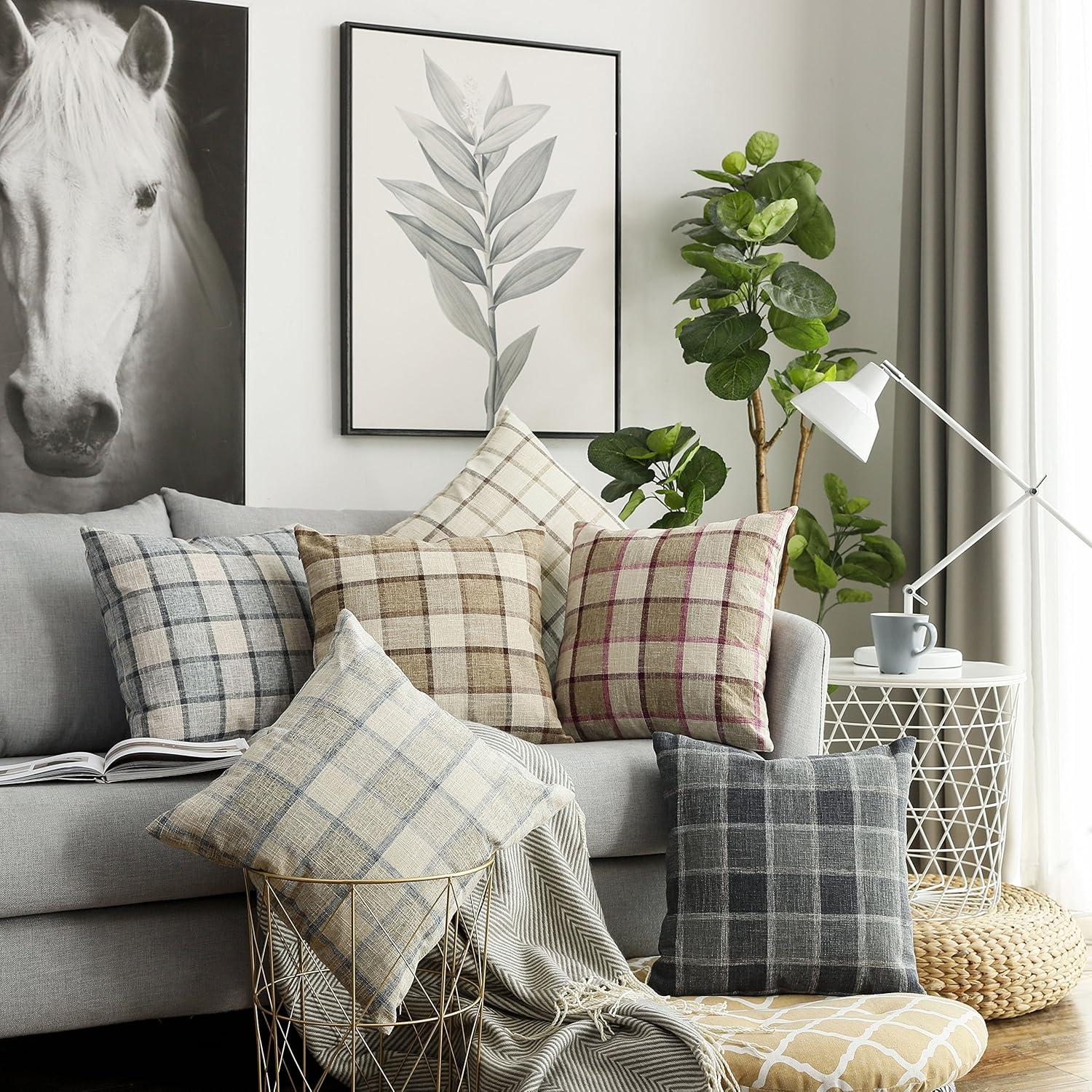 UGASA Pack of 2 Classic Retro Checkered Plaids Cotton Linen Soft Decorative Square Throw Pillow Covers Home Decor Design Cushion Case for Sofa, 18x18inch, Light Grey + Blue