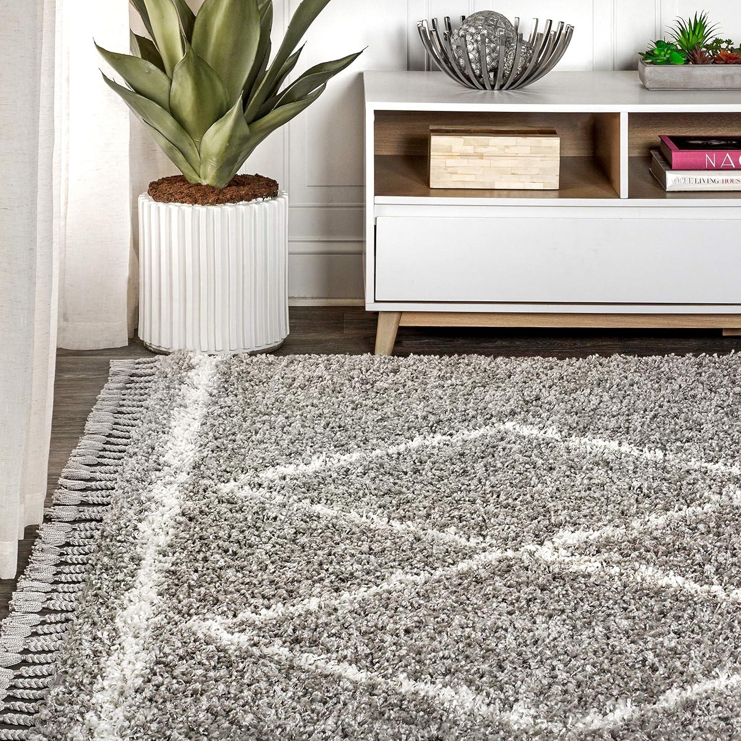 4'x6' Mercer Shag Plush Tassel Moroccan Geometric Trellis Area Rug, Grey/Cream - JONATHAN Y