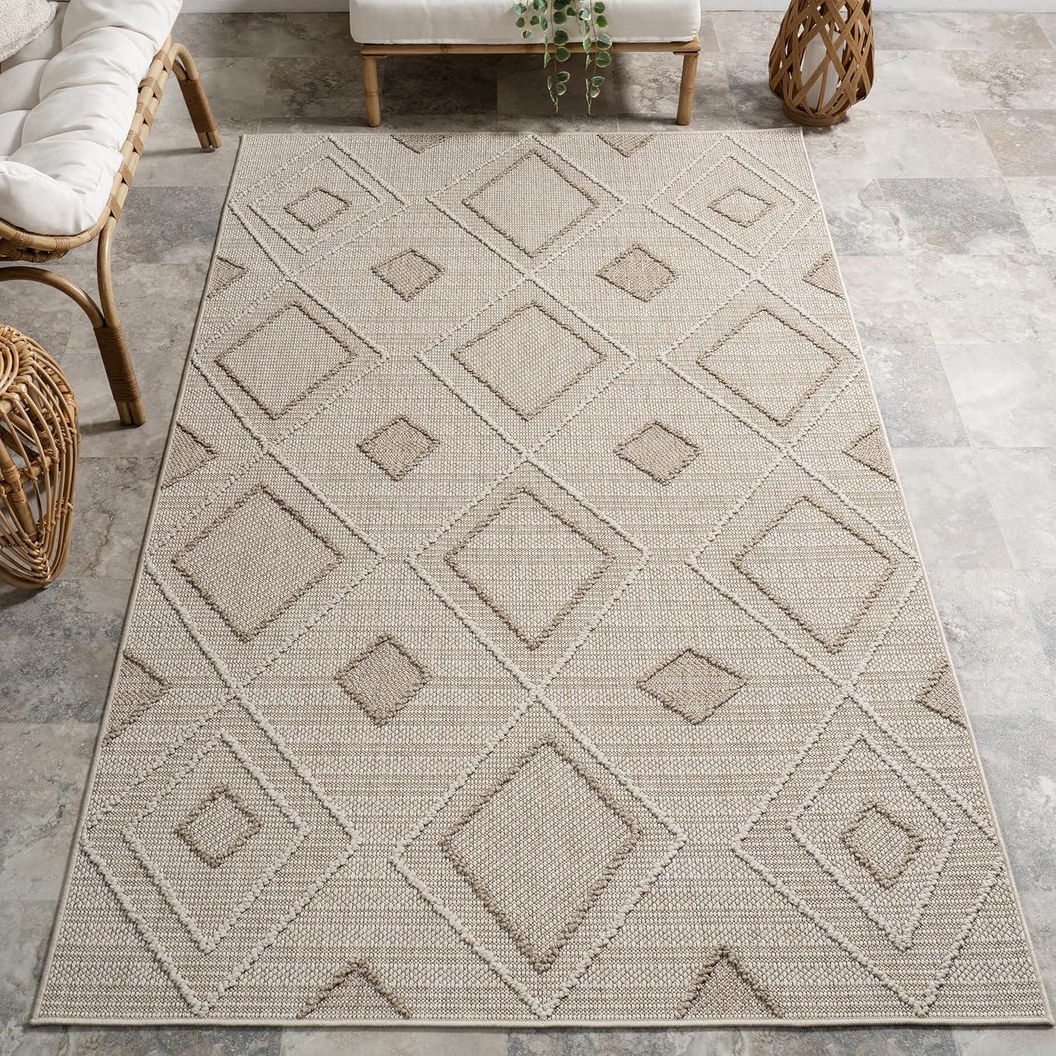 Beige Geometric 8' x 10' Stain-Resistant Synthetic Area Rug