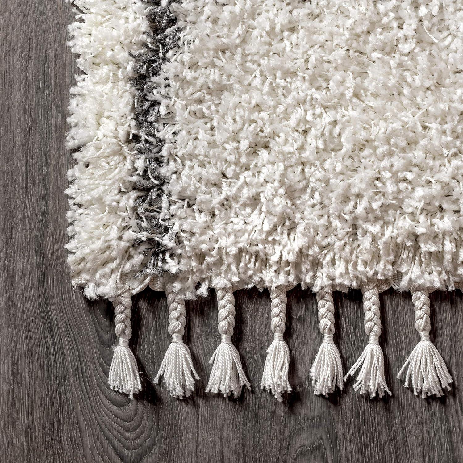 8'x10' Mercer Shag Plush Tassel Moroccan Geometric Trellis Area Rug, Cream/Grey - JONATHAN Y