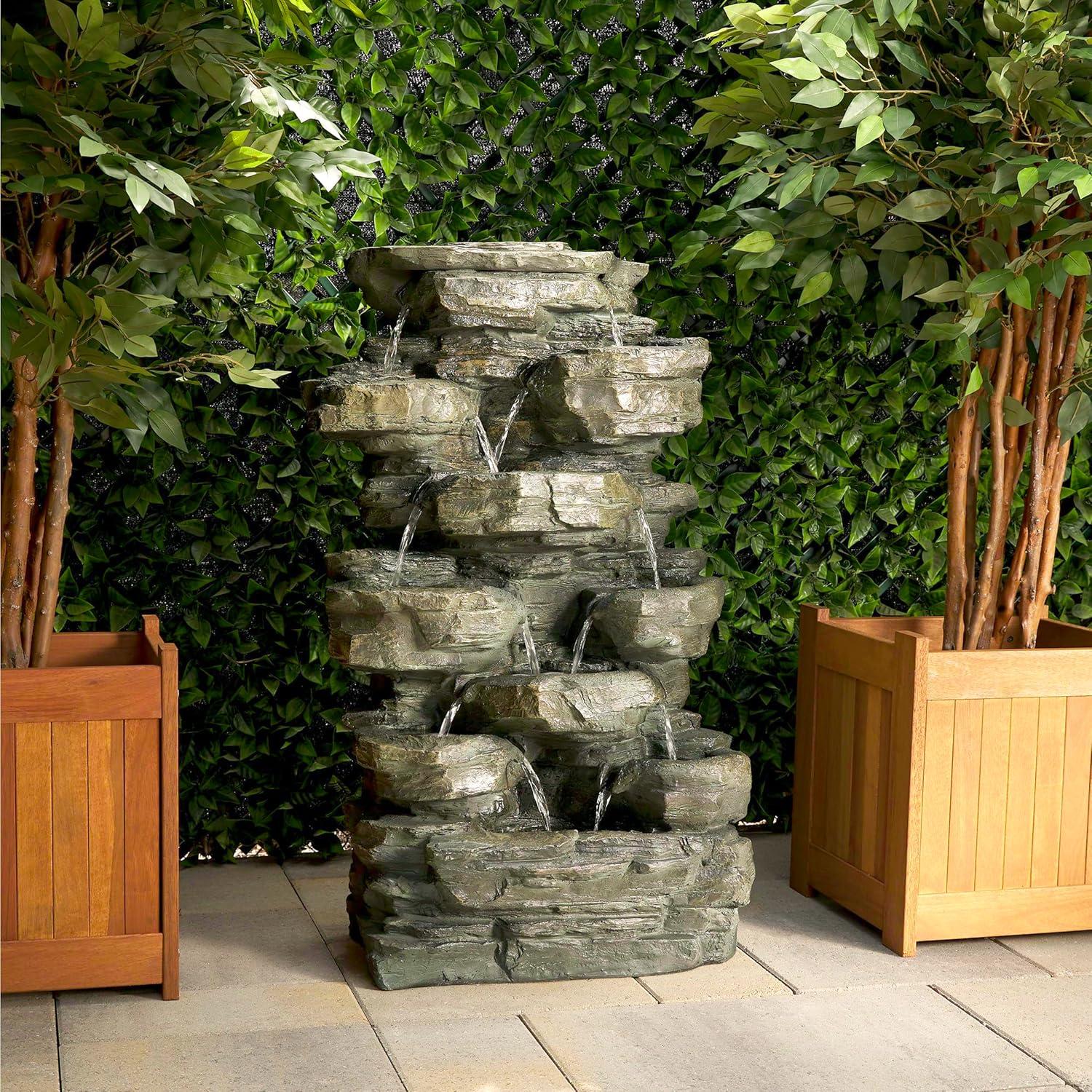 Gray Stone 39" Solar Powered Tiered Rock Fountain with LED Lights