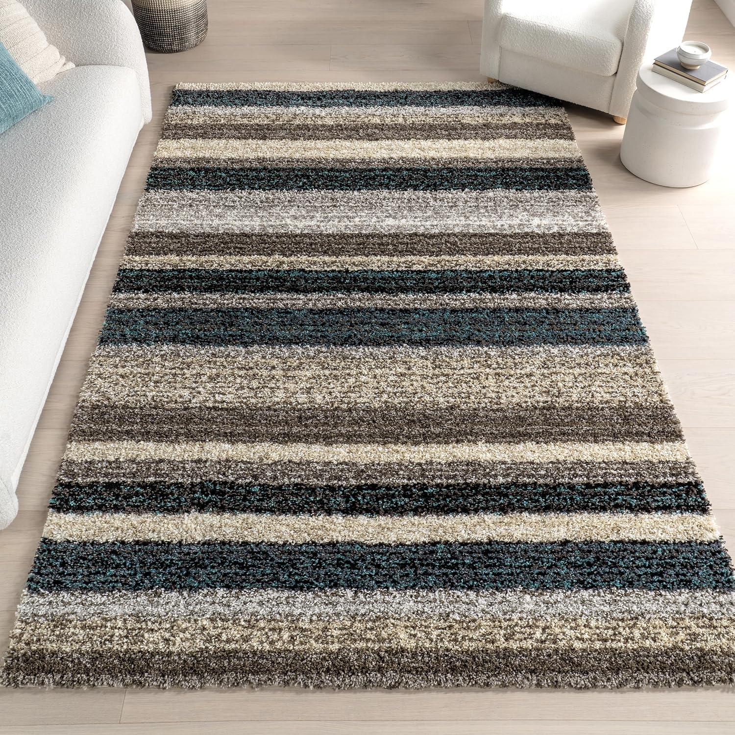 Blue Multi Striped Hand-Tufted Shag Area Rug 5' x 8'