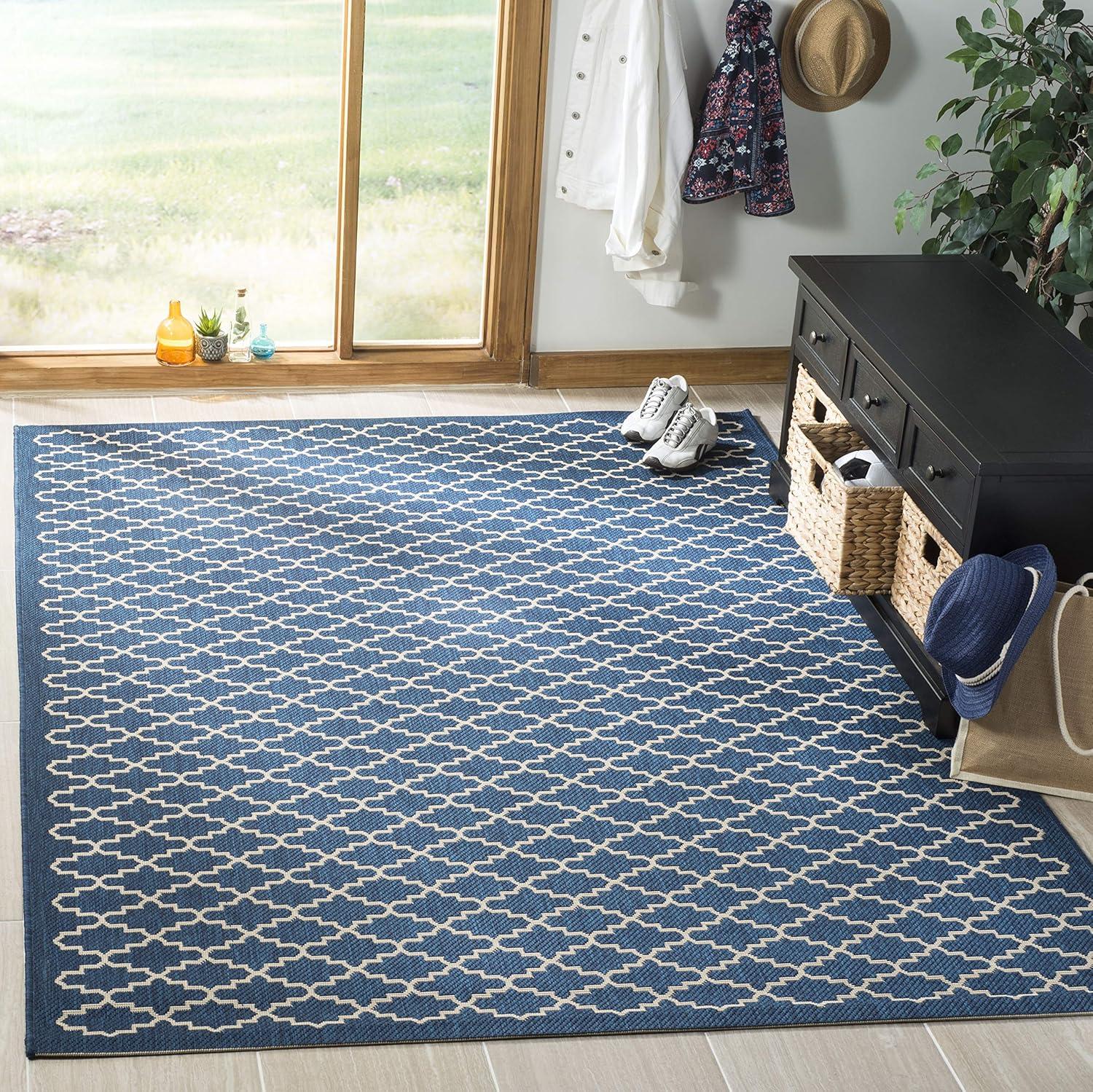 SAFAVIEH Courtyard Hilbert Trellis Indoor/Outdoor Area Rug, 7'10" x 7'10" Square, Navy/Beige