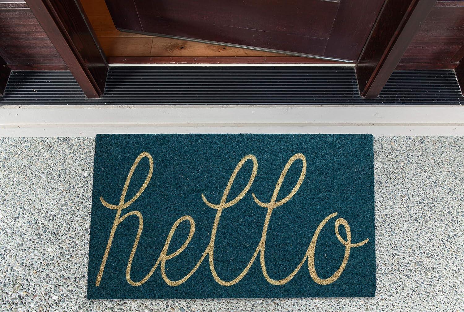 DII Hello Coir Fiber Doormat Non-Slip Durable Outdoor/Indoor, Pet Friendly, 17x29", Storm Blue