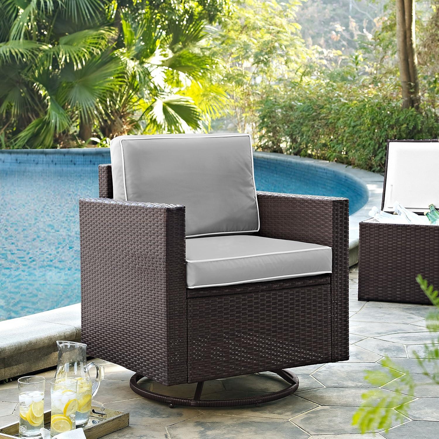 Palm Harbor Outdoor Wicker Swivel Rocker Chair with Gray Cushions - Crosley