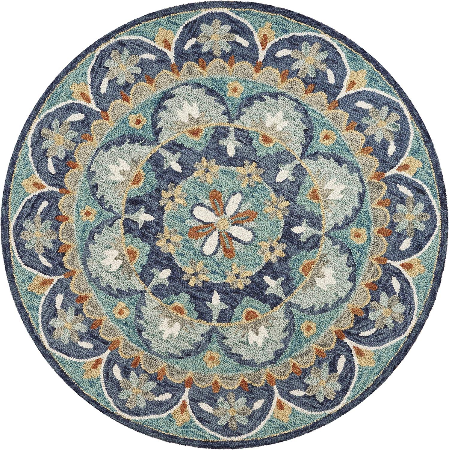 Eternal Bloom Hand-Tufted Wool Round Rug in Blue Floral, 4'