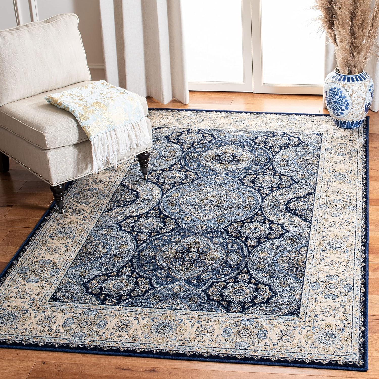 Handmade Ivory and Navy 5' x 7' Rectangular Viscose Area Rug