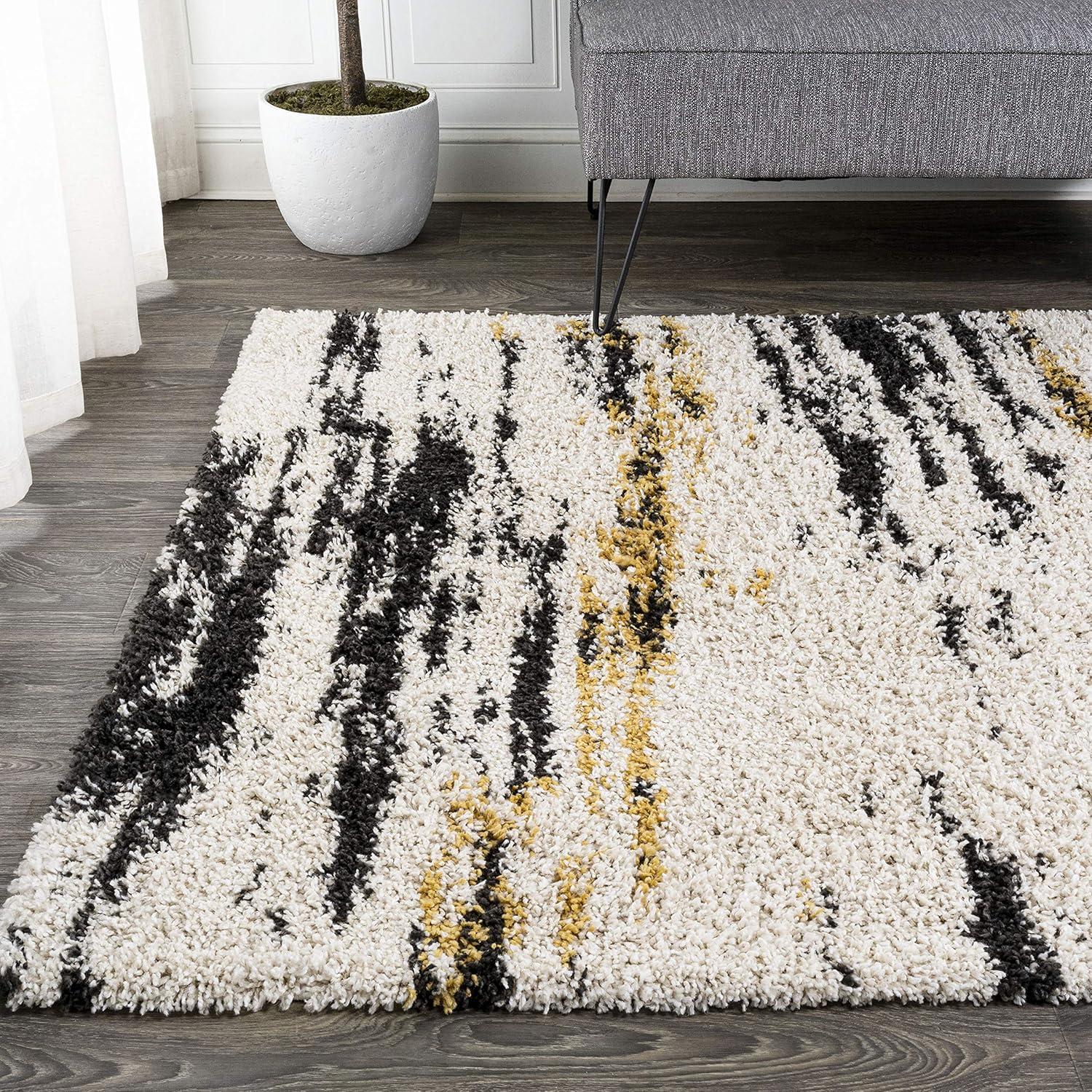 8'x10' Nova Modern Bold Strie' Shag Area Rug, Beige/Black/Yellow - JONATHAN Y