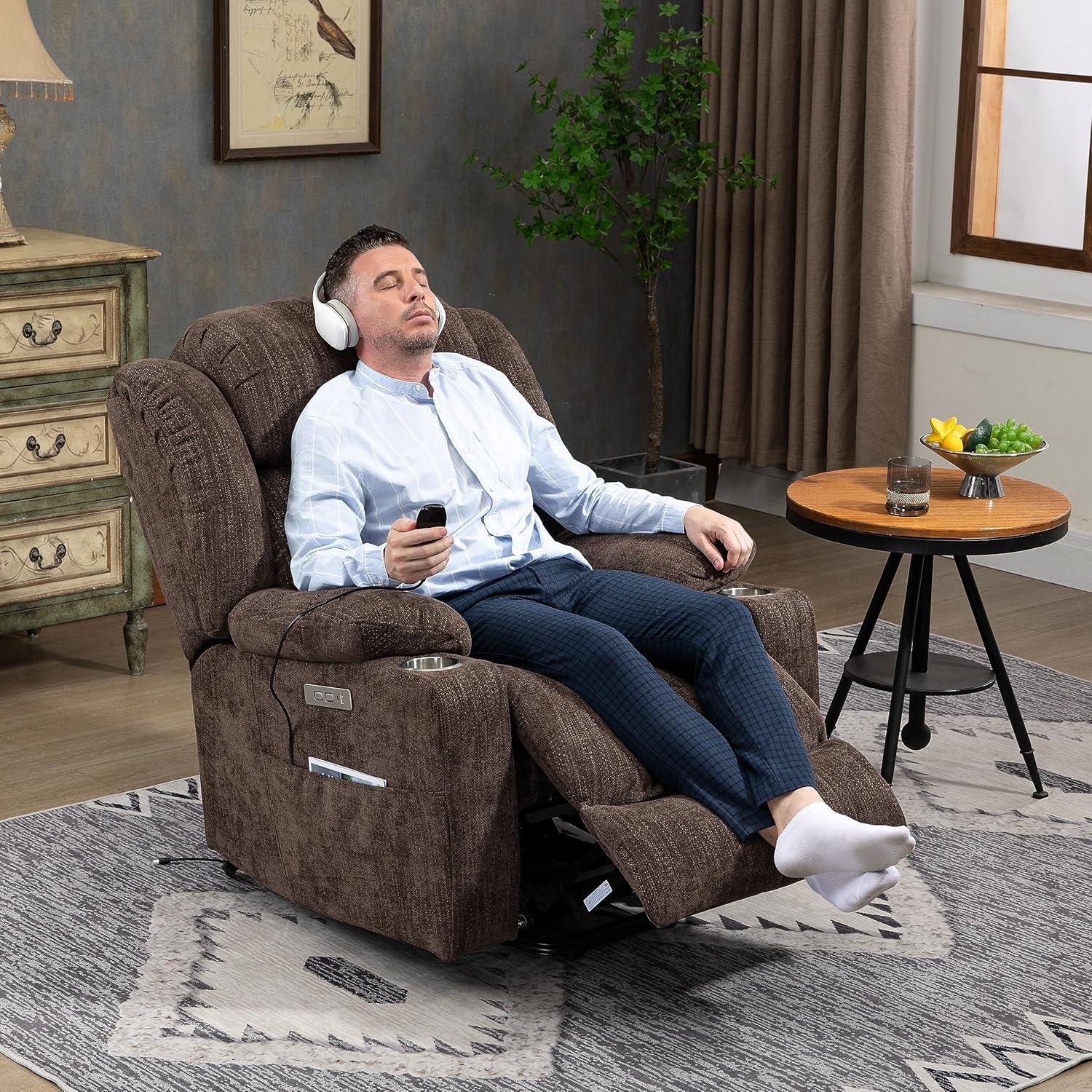 Power Lift Chair with Full-Body Massage and Heat, Electric Recliner Chairs for Adults, Remote Control, Standing Assistance, USB Ports, Stainless Steel Cup Holders, Chenille Brown