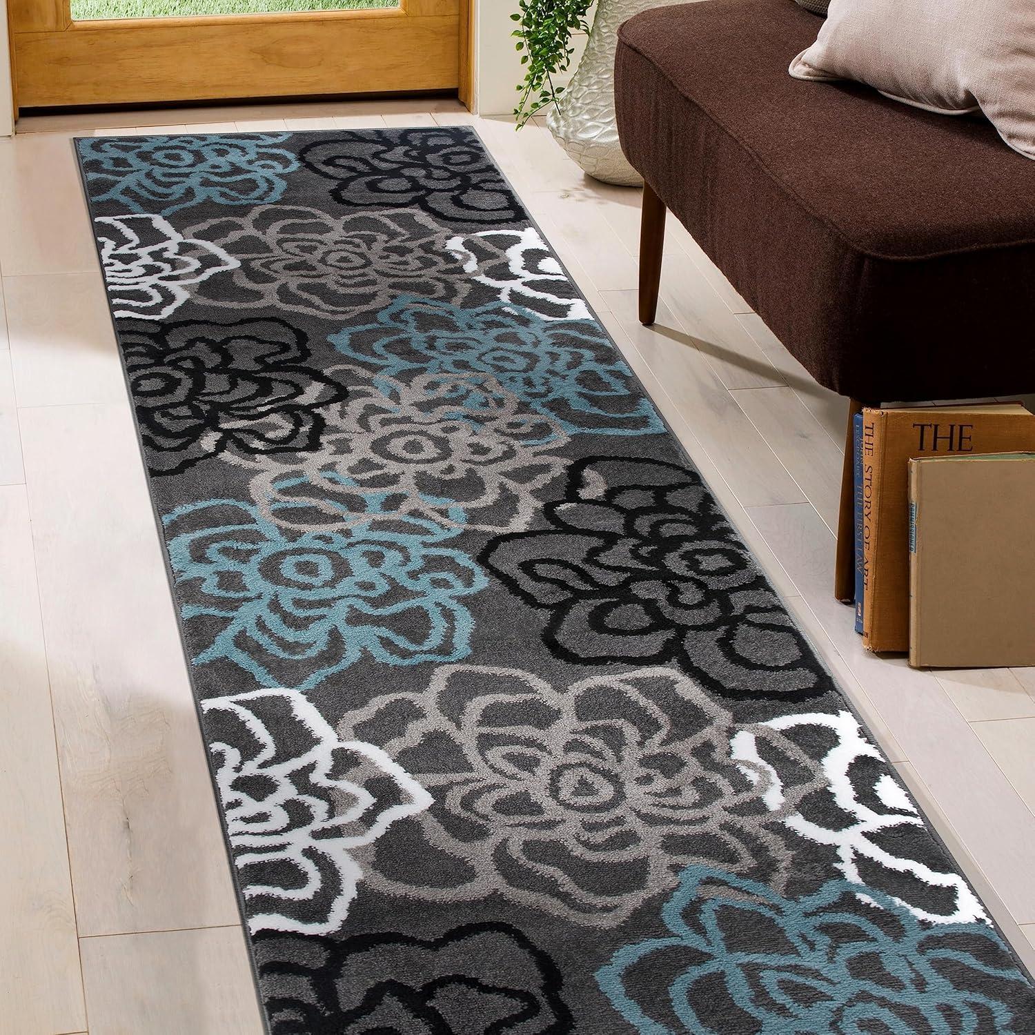 Contemporary Modern Floral Flowers Easy-Care Runner Rug 2' x 7' Gray