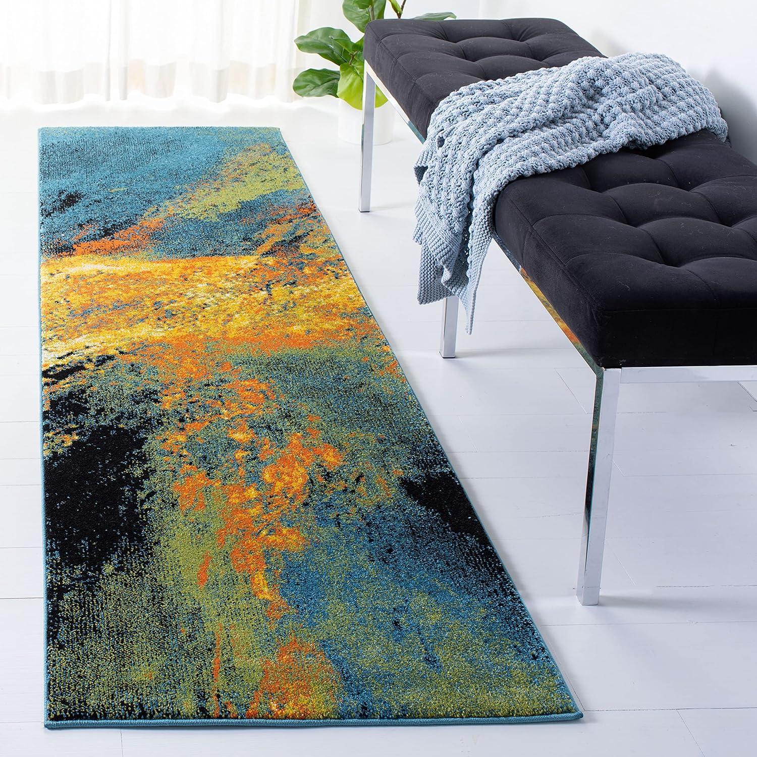 Stellar Abstract Blue and Yellow Easy-Care Synthetic Rug