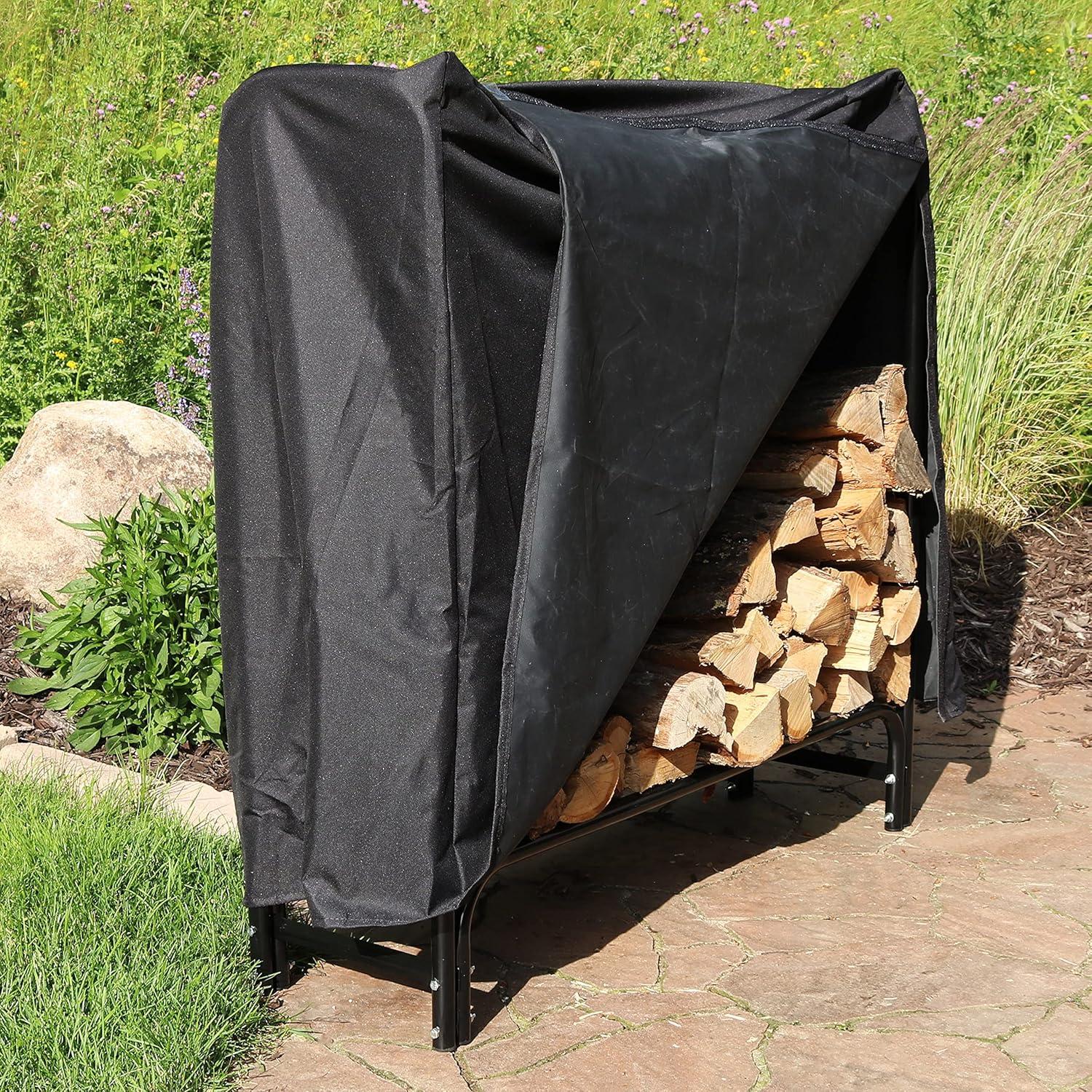 Sunnydaze Outdoor Heavy-Duty Steel Firewood Log Rack Holder and Weather-Resistant Polyester Log Rack Cover - 4' - Black