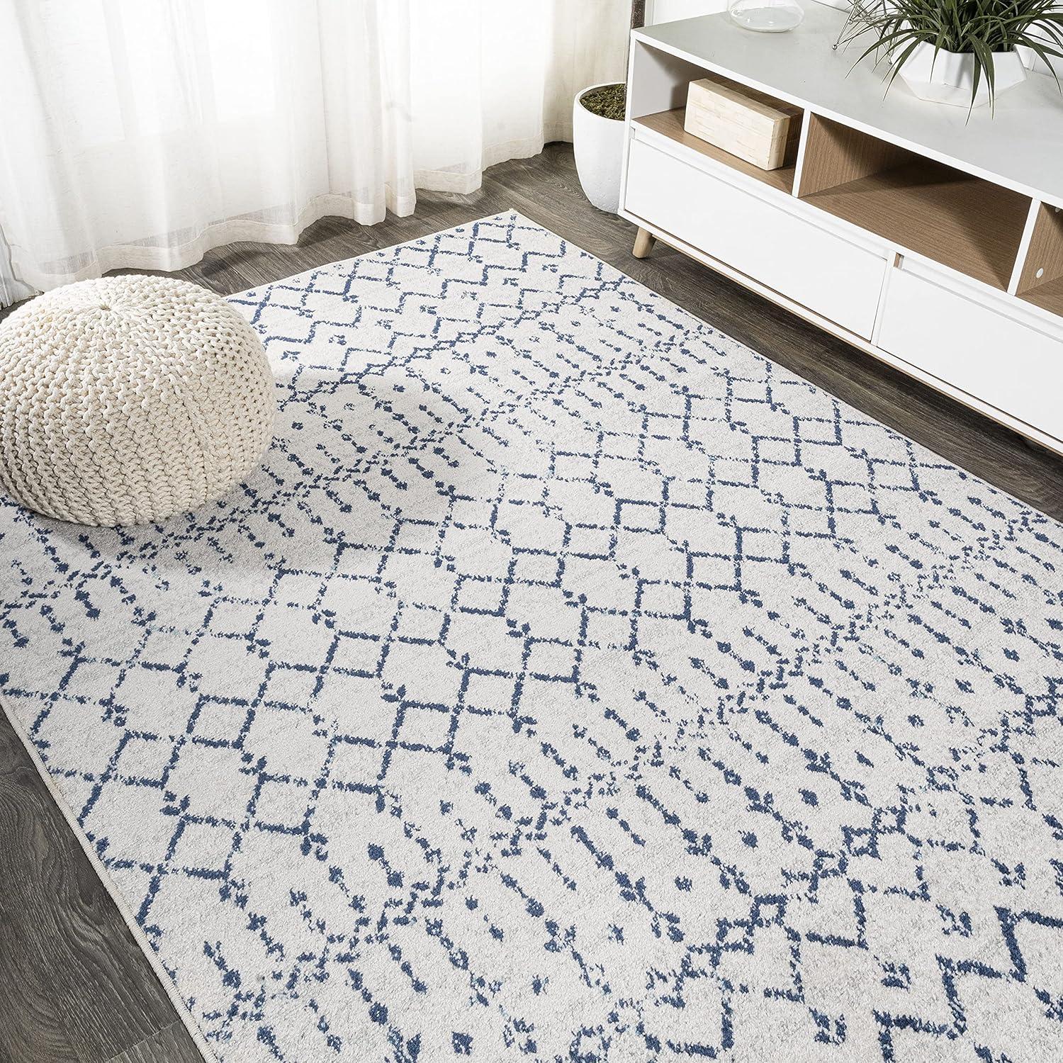 Ivory Navy Moroccan Trellis 5' x 8' Washable Synthetic Rug