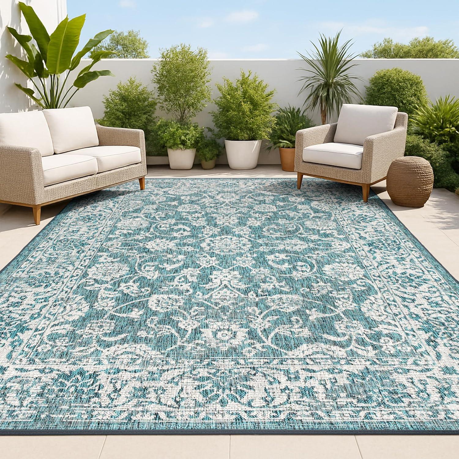 5'x8' Tela Bohemian Textured Weave Floral Indoor/Outdoor Area Rug, Teal/Gray - JONATHAN Y