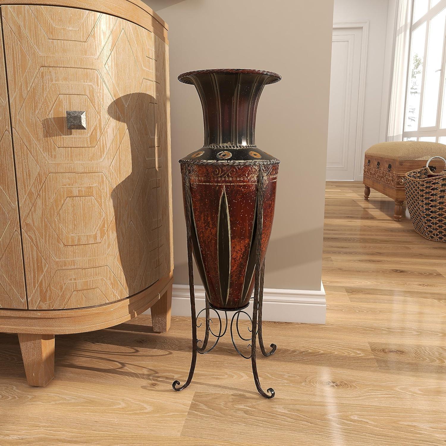 DecMode 27" Tall Brown Metal Vase with Attached Metal Stand and Intricate Design