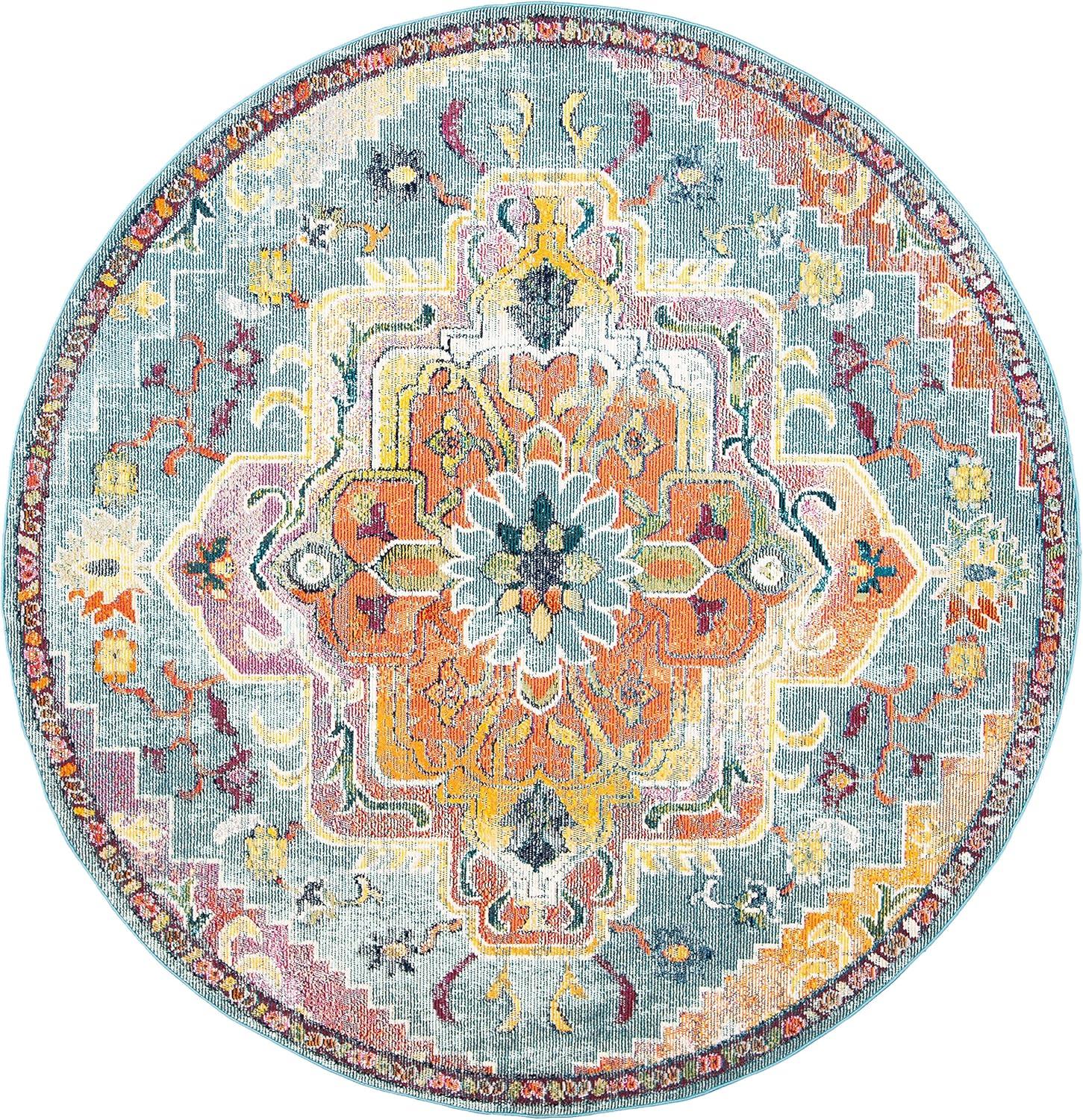 Safavieh  Crystal Floretta Vintage Boho Medallion Rug Teal/Orange 7' Round 6' Round, 8' Round Indoor Living Room, Bedroom, Dining Room Orange Round