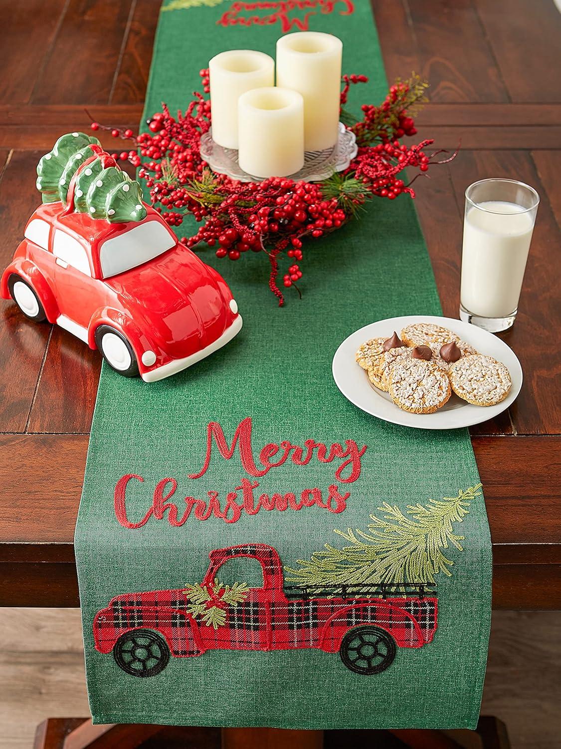 Green and Red Embroidered Christmas Truck Table Runner, 14x108