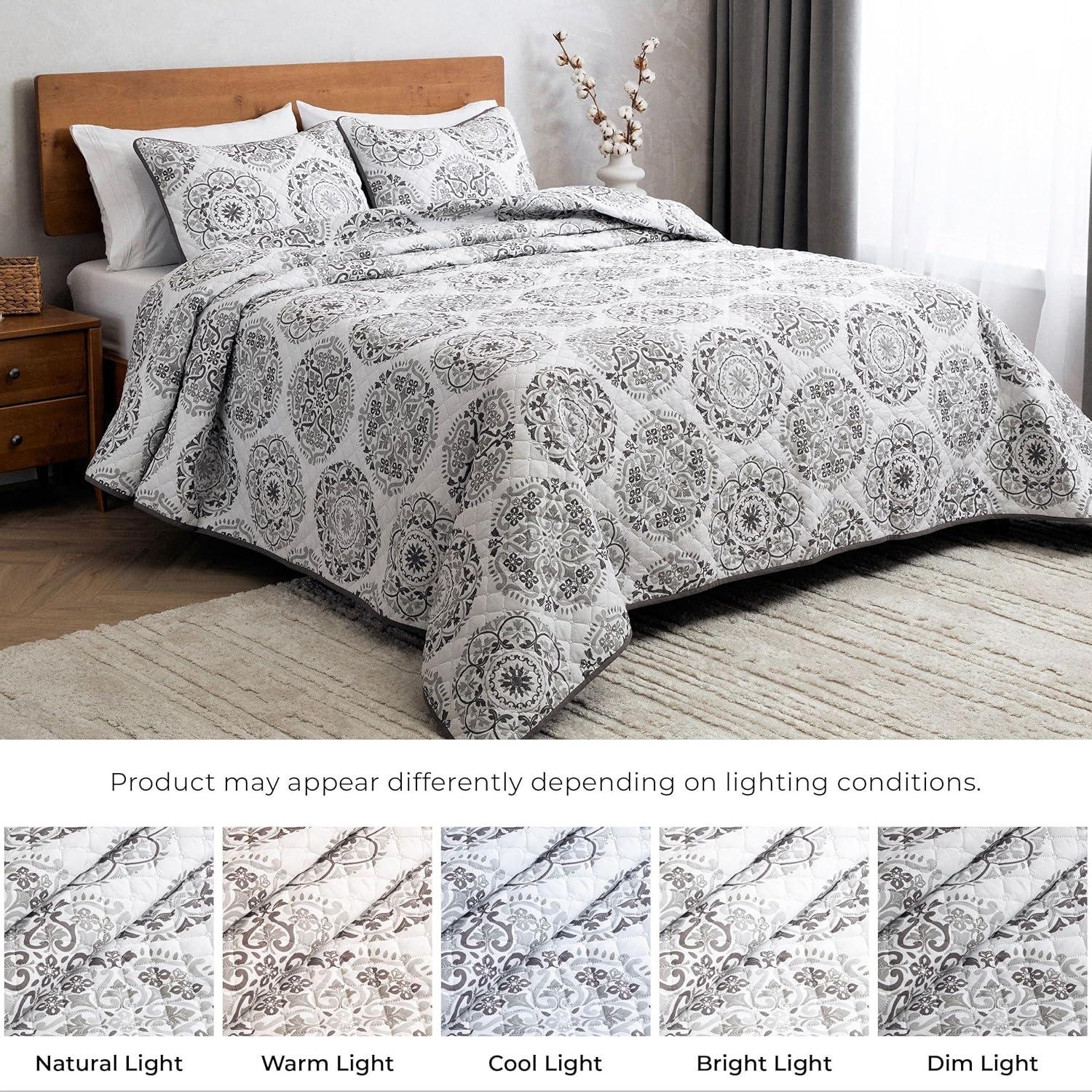 Mellanni Ultrasonic Quilted Coverlet Set, Twin, Rosette Gray, 2 Piece