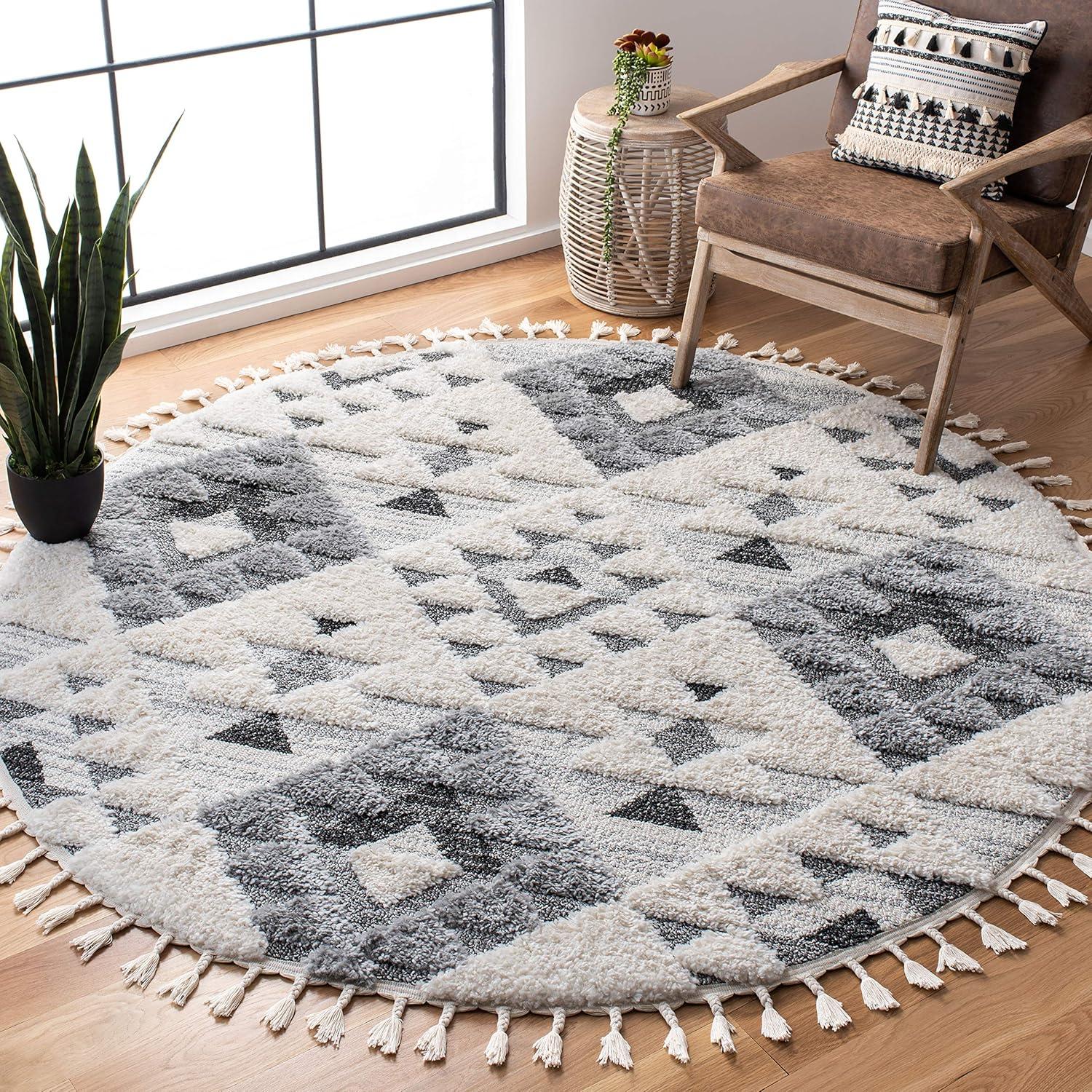 Moroccan Tassel Shag MTS688 Power Loomed Indoor Accent Rug - Ivory/Grey - 3' Round - Safavieh