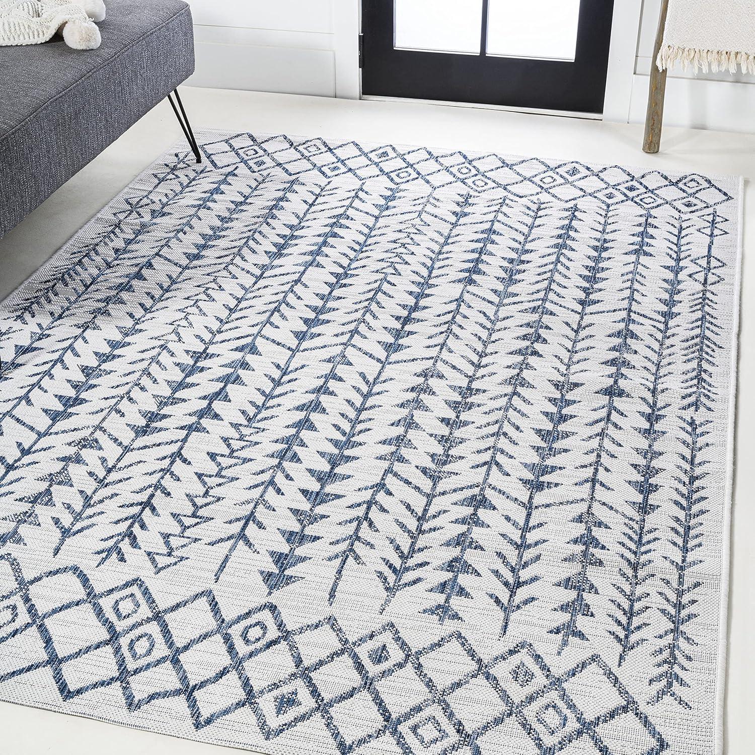 3'x5' Tokay Bohemian Styled Geometric Indoor/Outdoor Area Rug, Ivory/Blue - JONATHAN Y