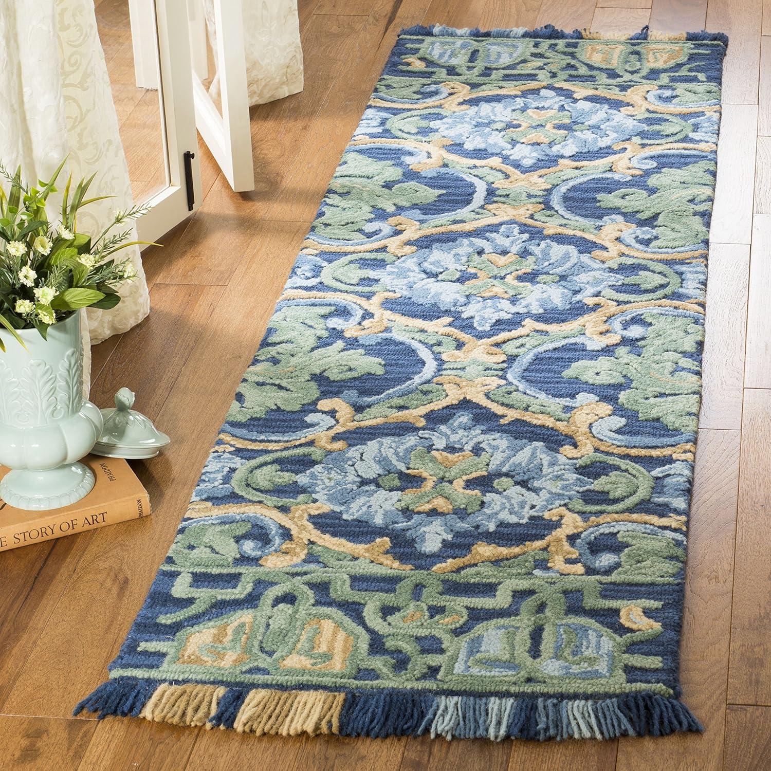 Handmade Navy and Green Floral Wool Rug, 8' Square