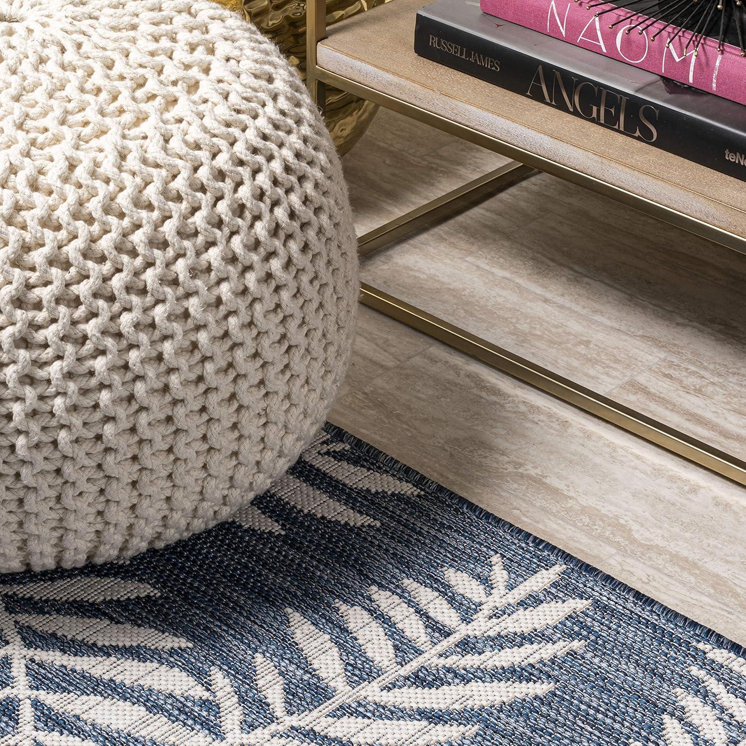 5' Square Nevis Palm Frond Indoor/Outdoor Area Rug, Navy/Ivory - JONATHAN Y