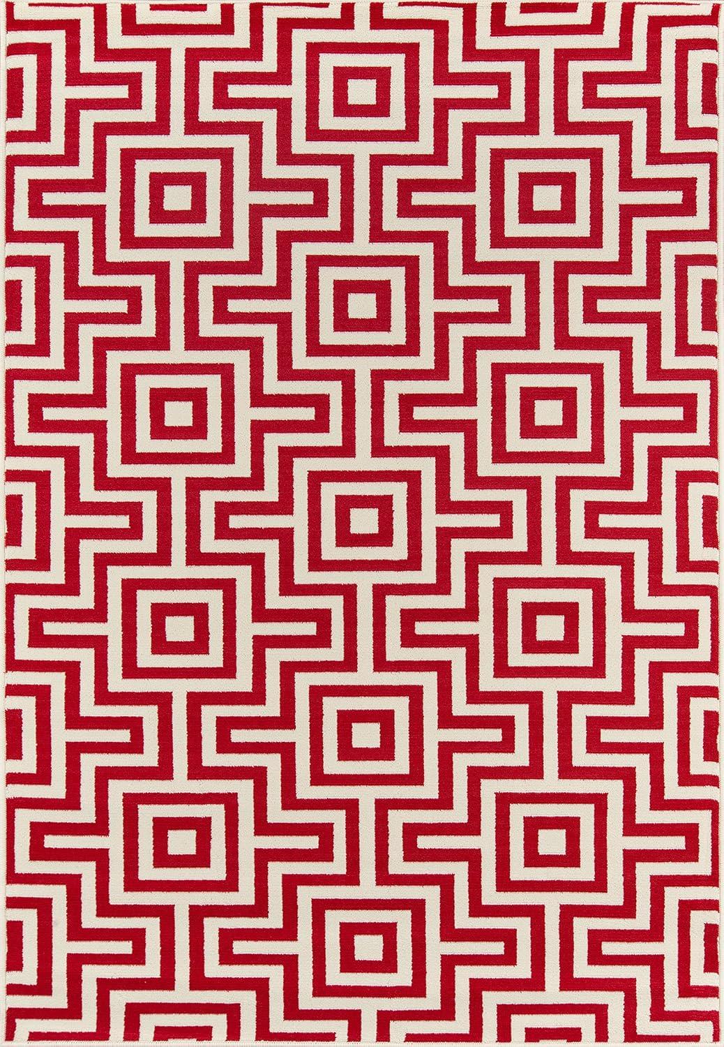 Red and Beige Geometric Flat Woven Synthetic Rug, 4' x 6'