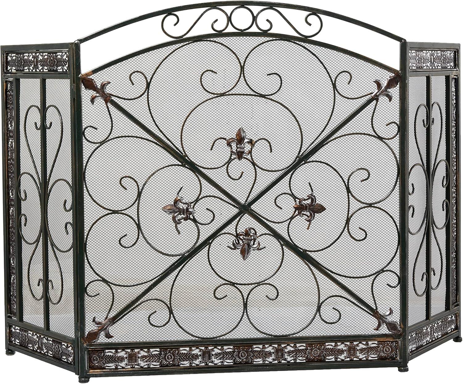 DecMode 52" x 31" Black Metal Foldable Mesh Netting 3 Panel Fireplace Screen with Fleur De Lis and Scrollwork Designs, 1-Piece