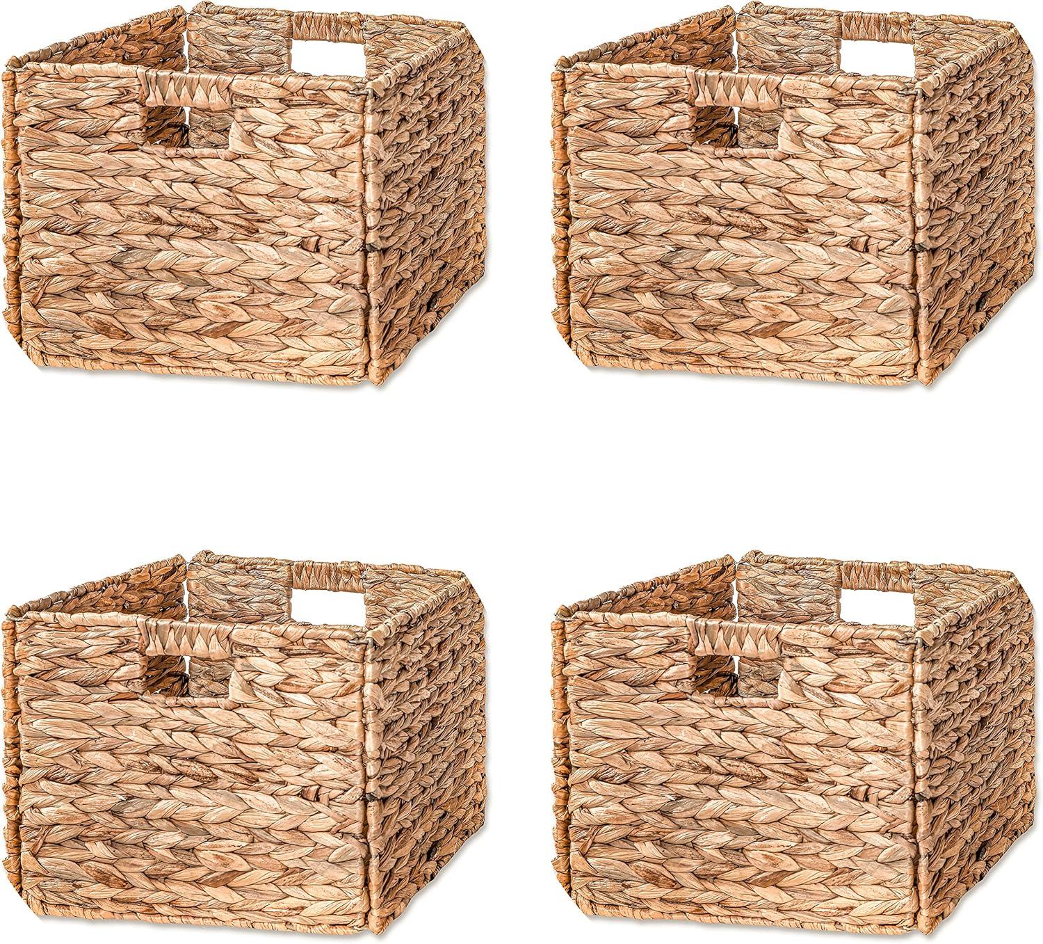 Foldable Water Hyacinth Storage Basket with Iron Wire Frame (Set of 4)