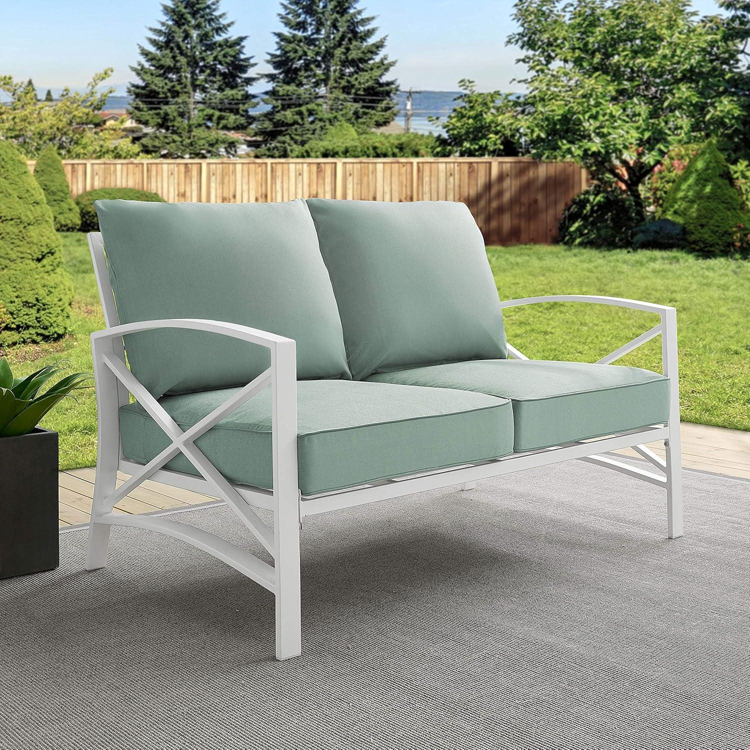 Kaplan Loveseat White/Teal - Crosley: UV-Resistant, Padded Outdoor Sofa with Steel Frame, Seats 2