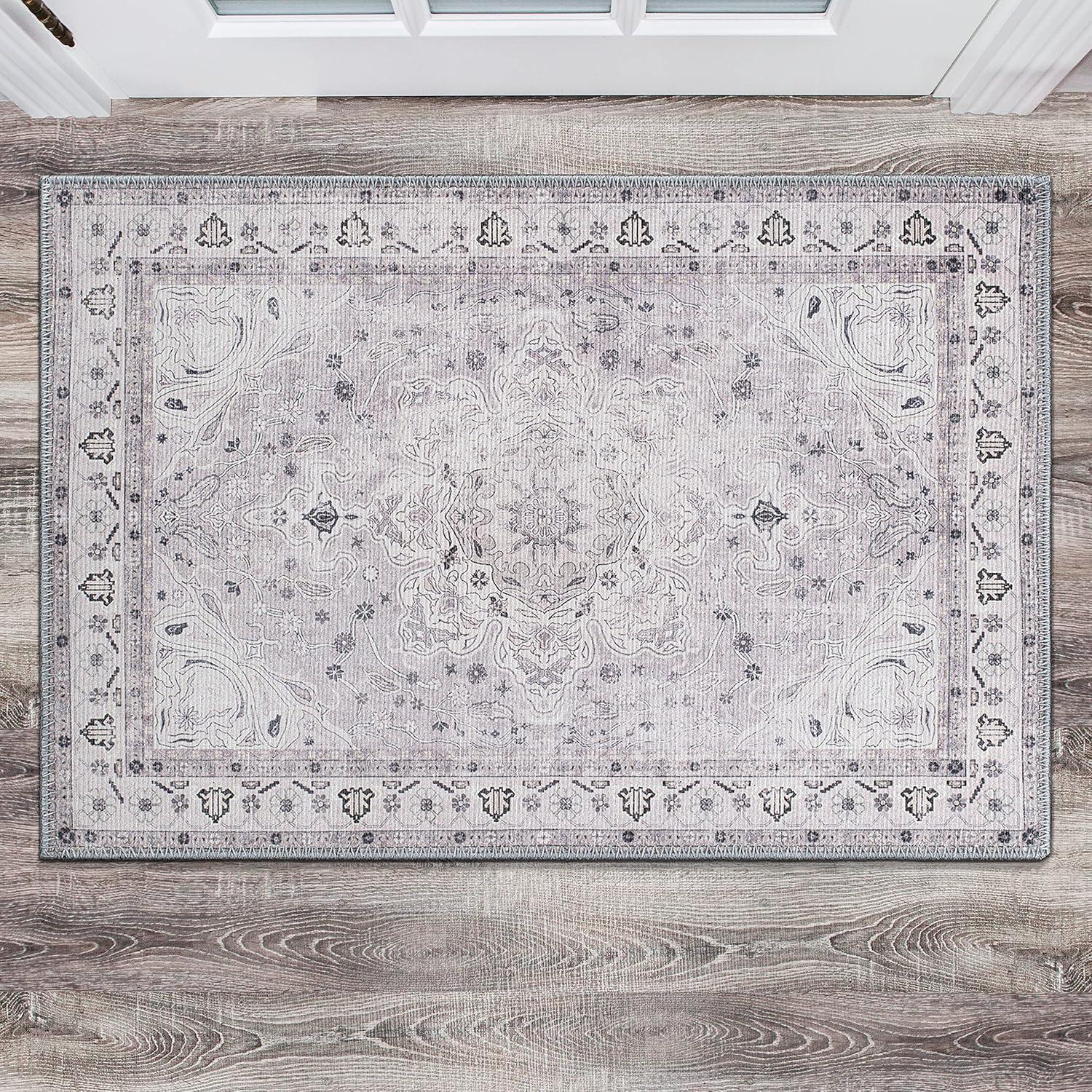 World Rug Gallery Transitional Medallion Machine Washable 2'1"x3' Gray Area Rug:  Stain-Resistant,  Flat Pile,  Indoor Use