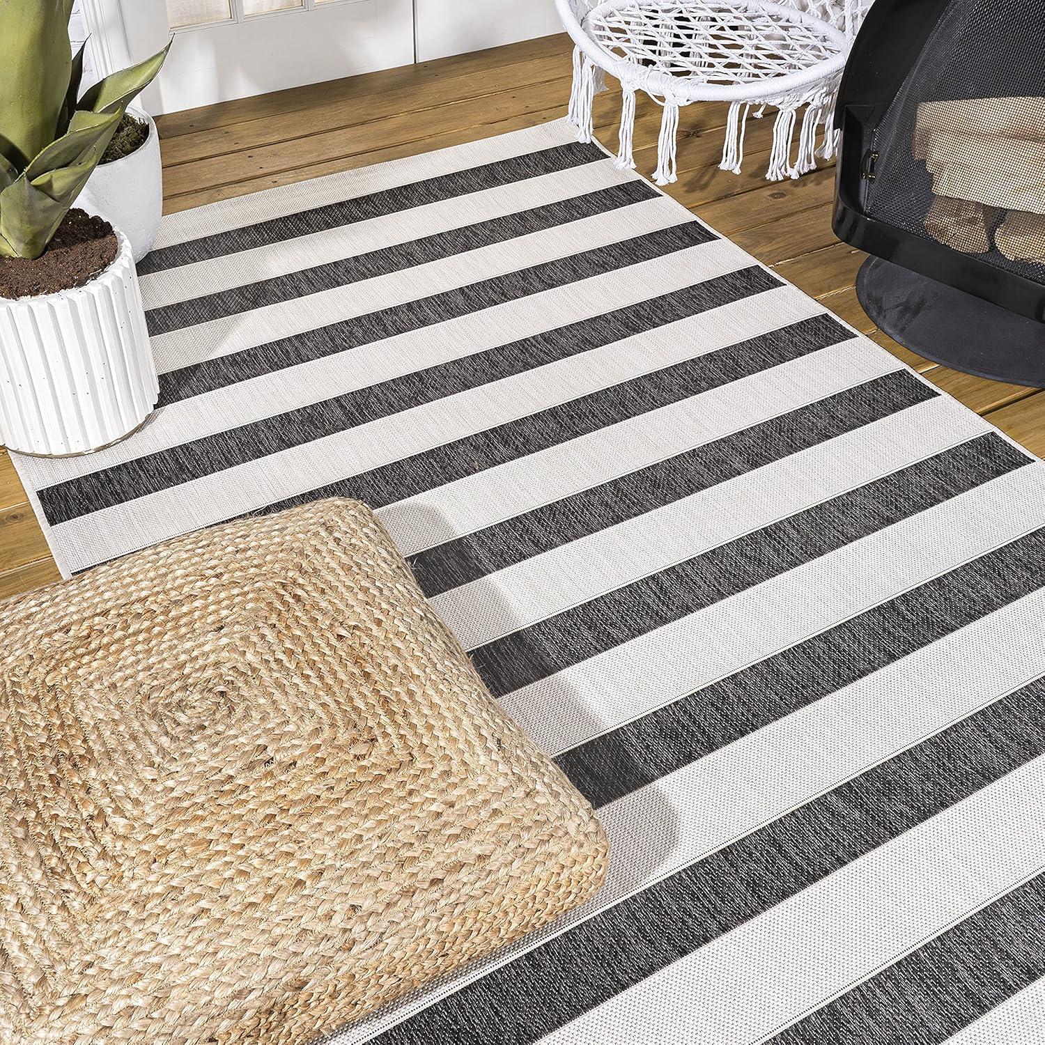 8'x10' Aveiro Wide Stripe Indoor/Outdoor Area Rug, Black/Cream - JONATHAN Y