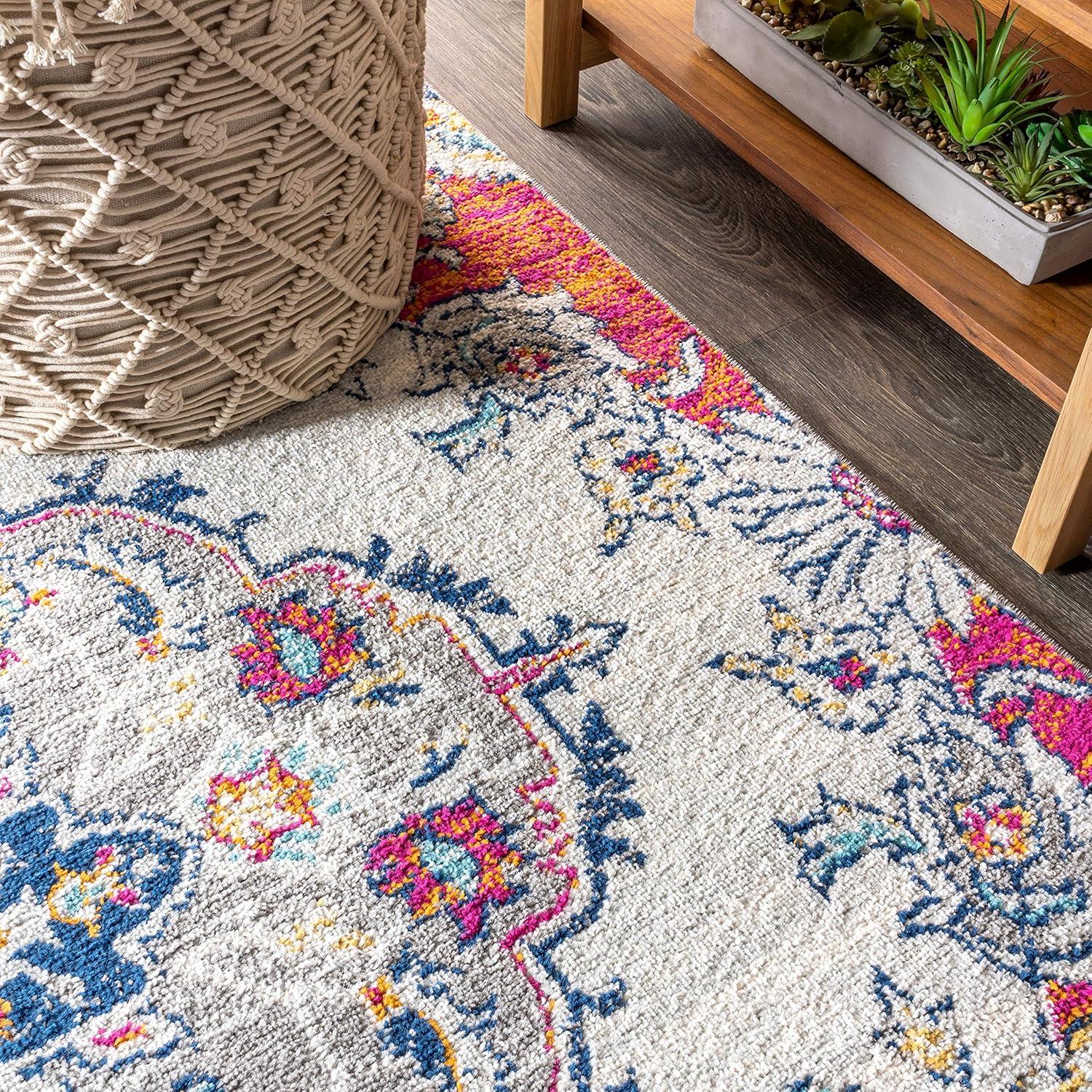 Reversible Medallion Blue and Coral 4' x 6' Synthetic Area Rug