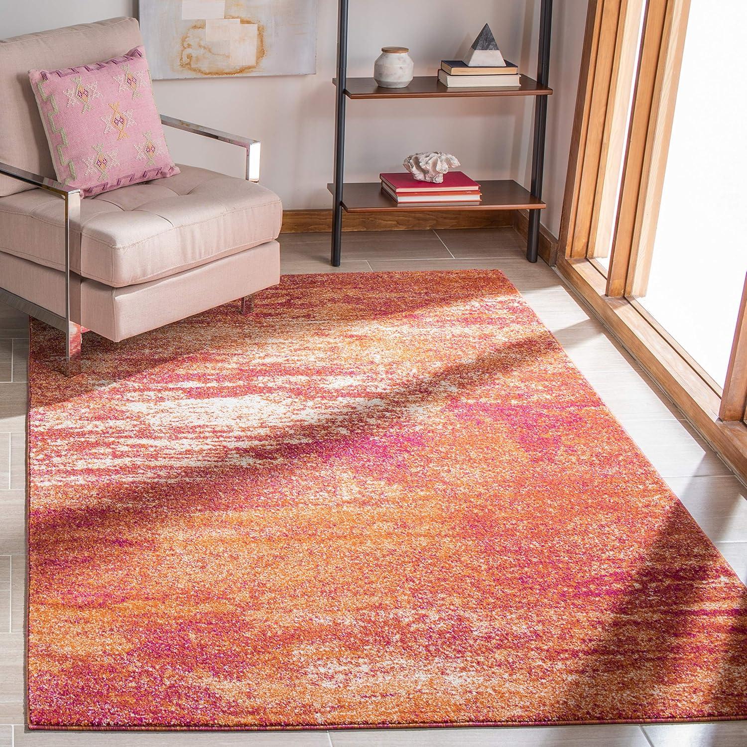 Ivory and Orange Abstract Square Synthetic Area Rug