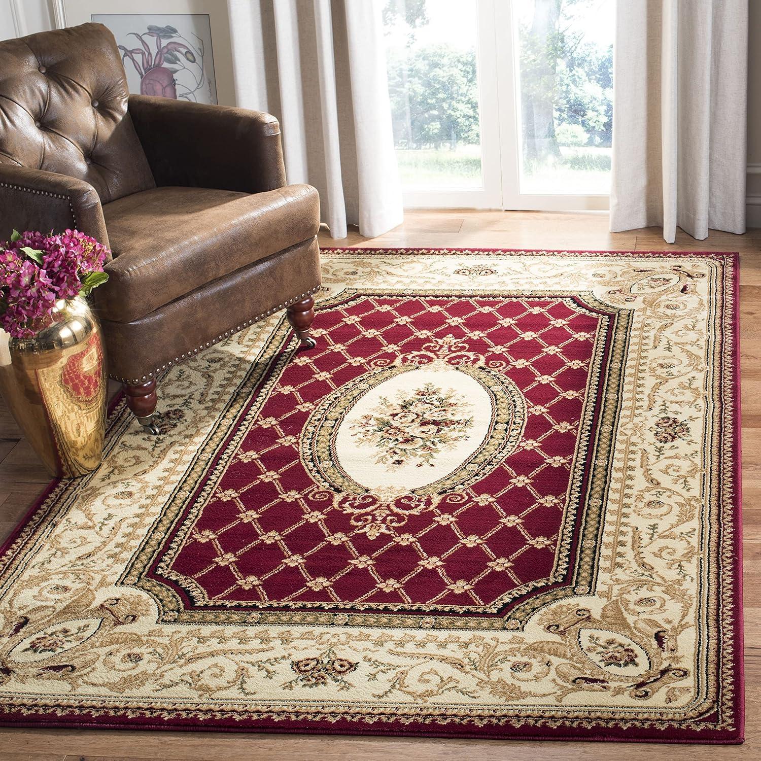 Red and Ivory Medium Pile Synthetic Traditional Area Rug